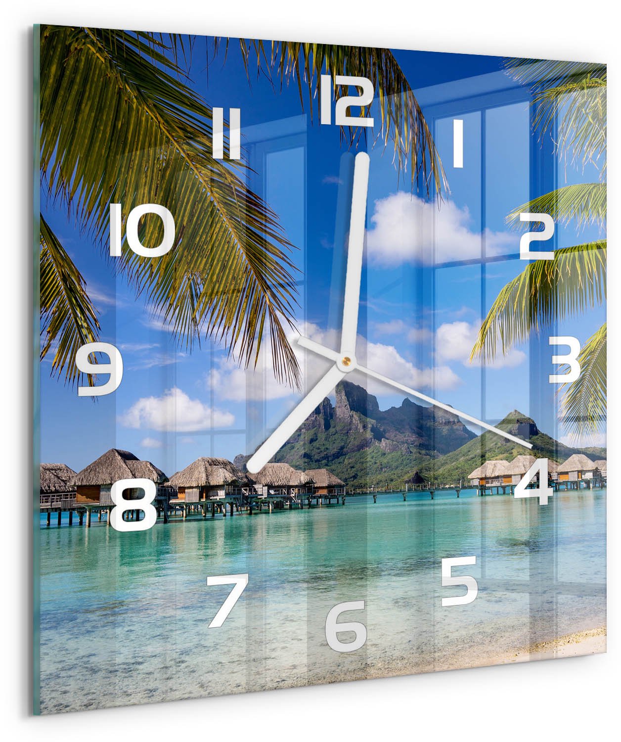 Tulup Wandklok - Palmbomen in Bora Bora Glazen Klok Met Print - 30x30 cm - Veelkleurig Wandklok Glas Met Motief - Witte handen - Vierkante Klok - Wandklok Glas Decoratie - Gekleurde Glazen Klok