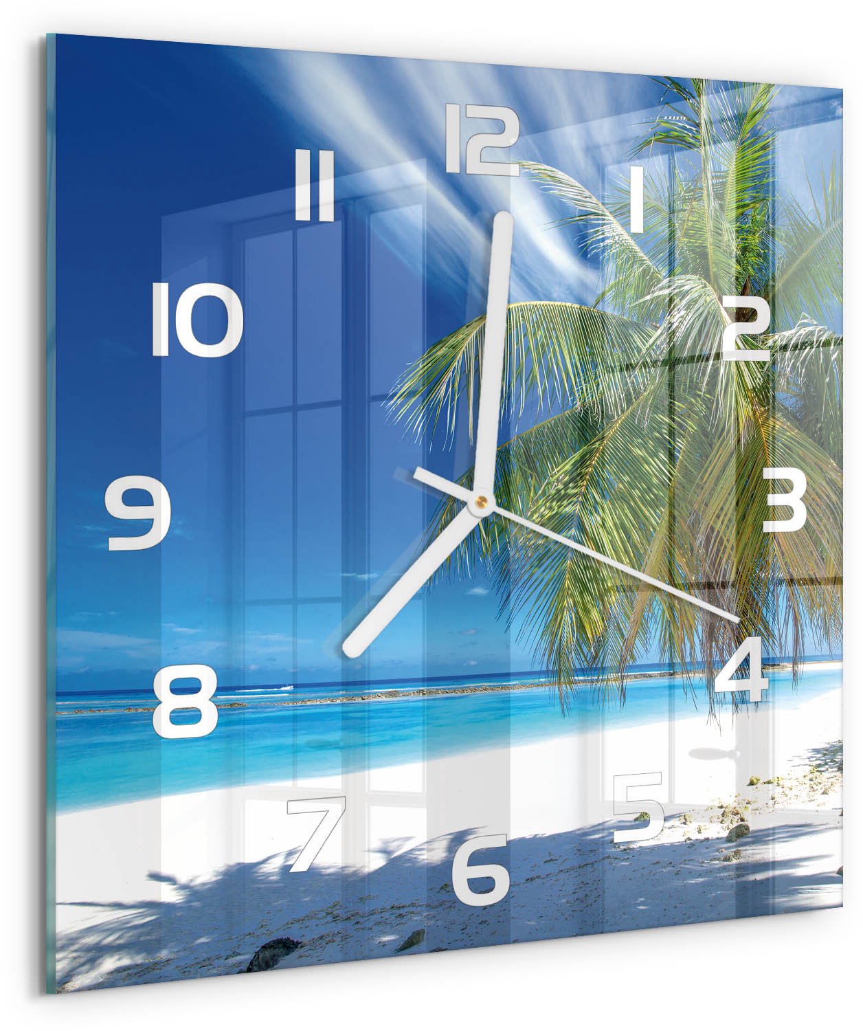 Tulup Wandklok - Tropisch strand Gekleurde Glazen Klok - 30x30 cm - Blauw Glazen Klok Met Print - Witte handen - Vierkante Klok - Moderne Wandklok Glas - Wandklok Glas Decoratie