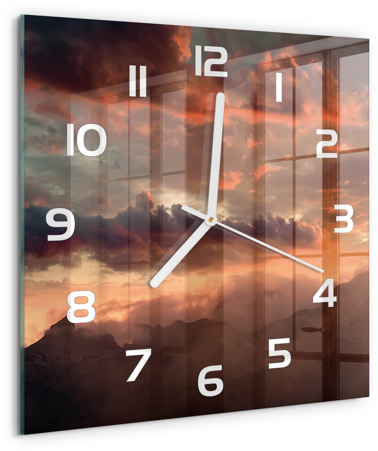 Tulup Wandklok - Bergen bij zonsondergang Klok Glas Met Opdruk - 30x30 cm - Oranje Moderne Wandklok Glas - Witte handen - Vierkante Klok - Decoratieve Glazen Klok - Glazen Wandklok Design