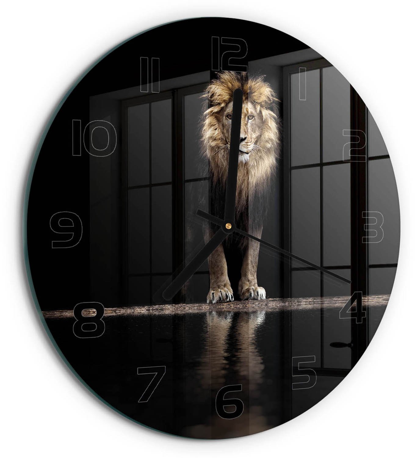 TULUP Wandklok - Portret van een leeuw Wandklok Glas Decoratie - fi30 cm - Bruin Gekleurde Glazen Klok - Zwarte handen - Ronde Klok - Klok Glas Met Opdruk - Moderne Wandklok Glas