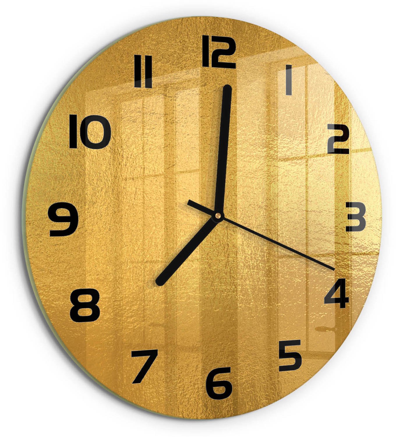 TULUP Wandklok - Achtergrond van goudfolie Glazen Klok Met Print - fi30 cm - Gouden Wandklok Glas Met Motief - Zwarte handen - Ronde Klok - Wandklok Glas Decoratie - Gekleurde Glazen Klok