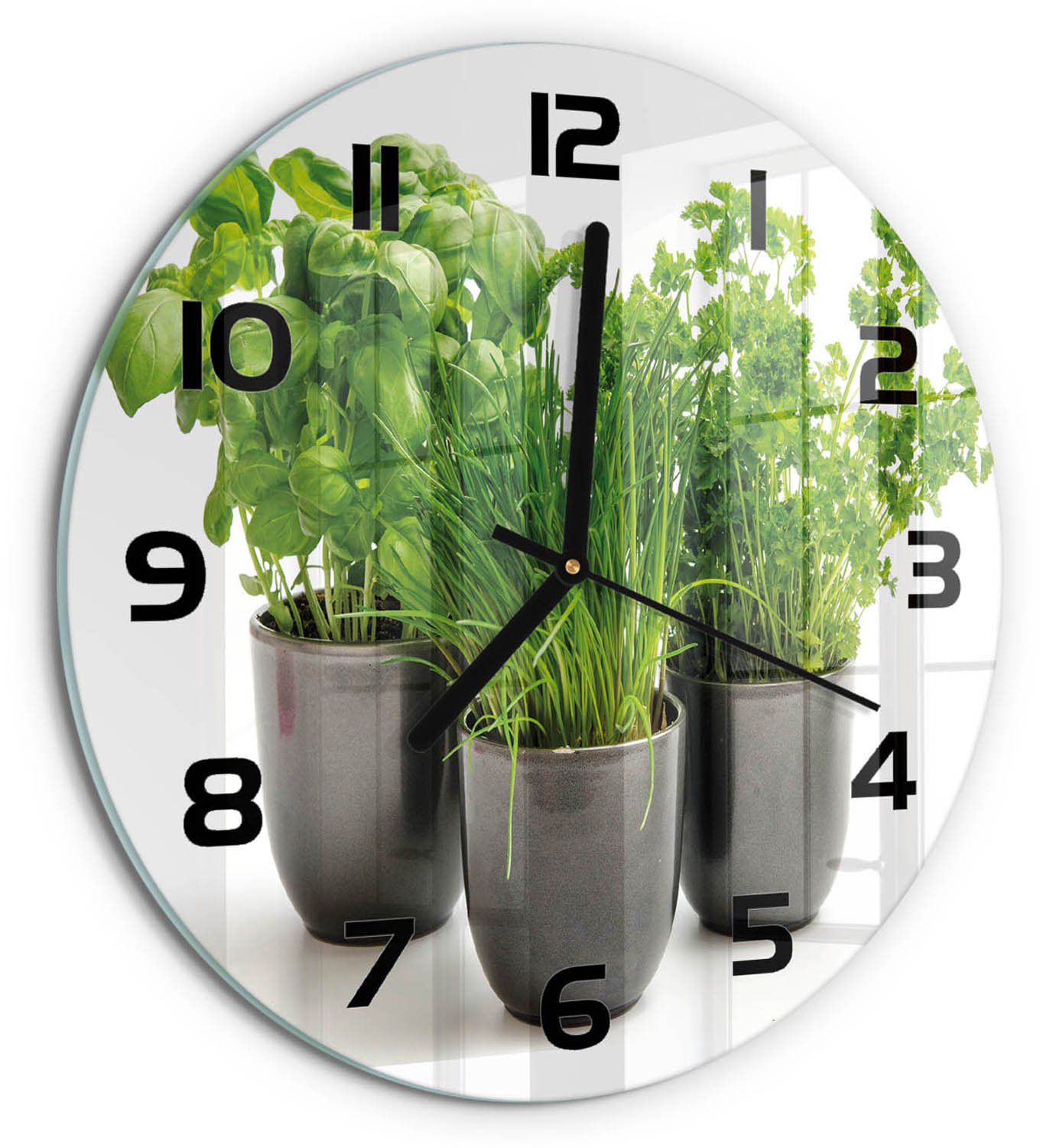 TULUP Wandklok - Kruiden in potten Moderne Wandklok Glas - fi30 cm - Groente Wandklok Glas Decoratie - Zwarte handen - Ronde Klok - Glazen Wandklok Design - Klok Glas Met Opdruk