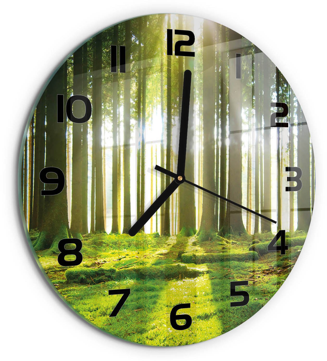 TULUP Wandklok - Bos in de zon Glazen Wandklok Design - fi30 cm - Groente Klok Glas Met Opdruk - Zwarte handen - Ronde Klok - Wandklok Glas Met Motief - Decoratieve Glazen Klok
