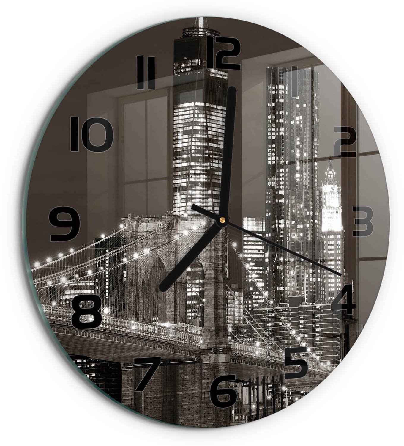 TULUP Wandklok - Manhattan, New York Decoratieve Glazen Klok - fi30 cm - Zwart-wit Glazen Wandklok Design - Zwarte handen - Ronde Klok - Glazen Klok Met Print - Wandklok Glas Met Motief