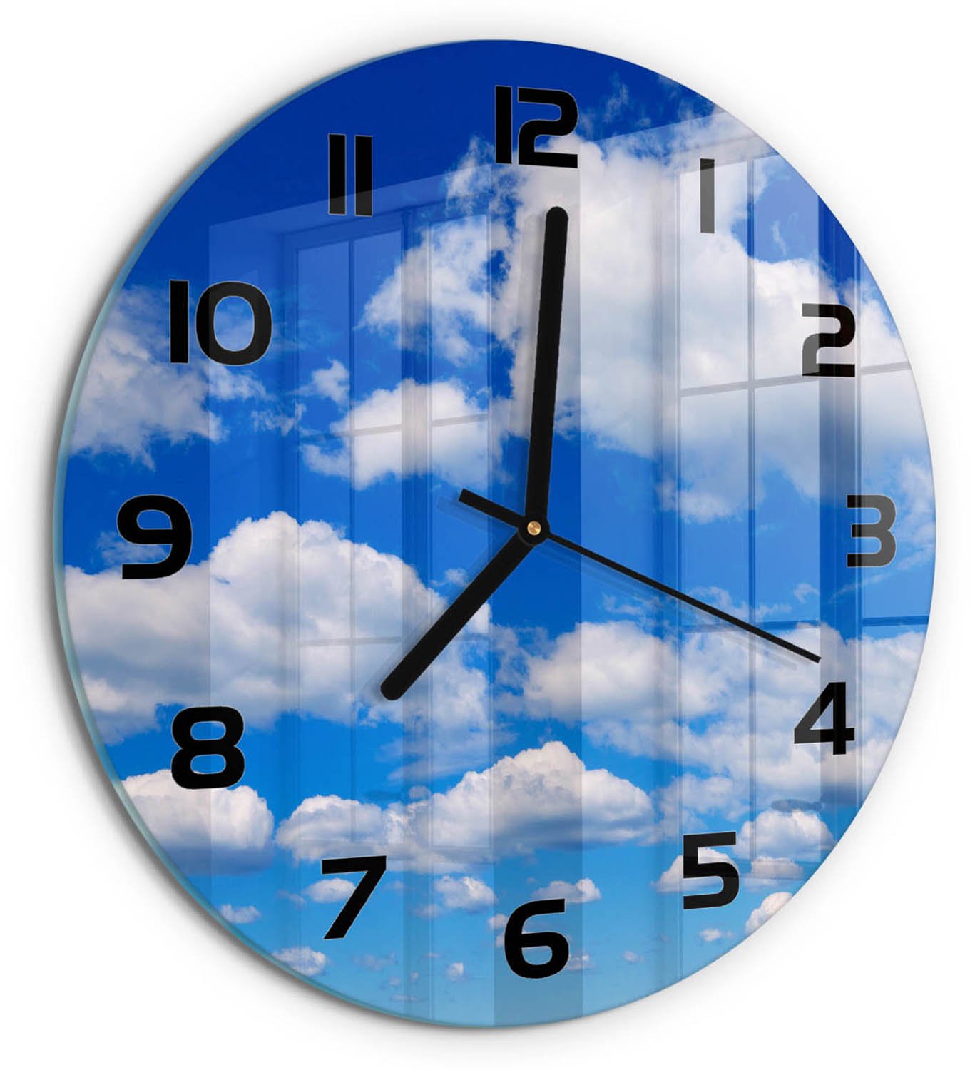 TULUP Wandklok - Wolken aan de hemel Wandklok Glas Met Motief - fi30 cm - Blauw Decoratieve Glazen Klok - Zwarte handen - Ronde Klok - Gekleurde Glazen Klok - Glazen Klok Met Print