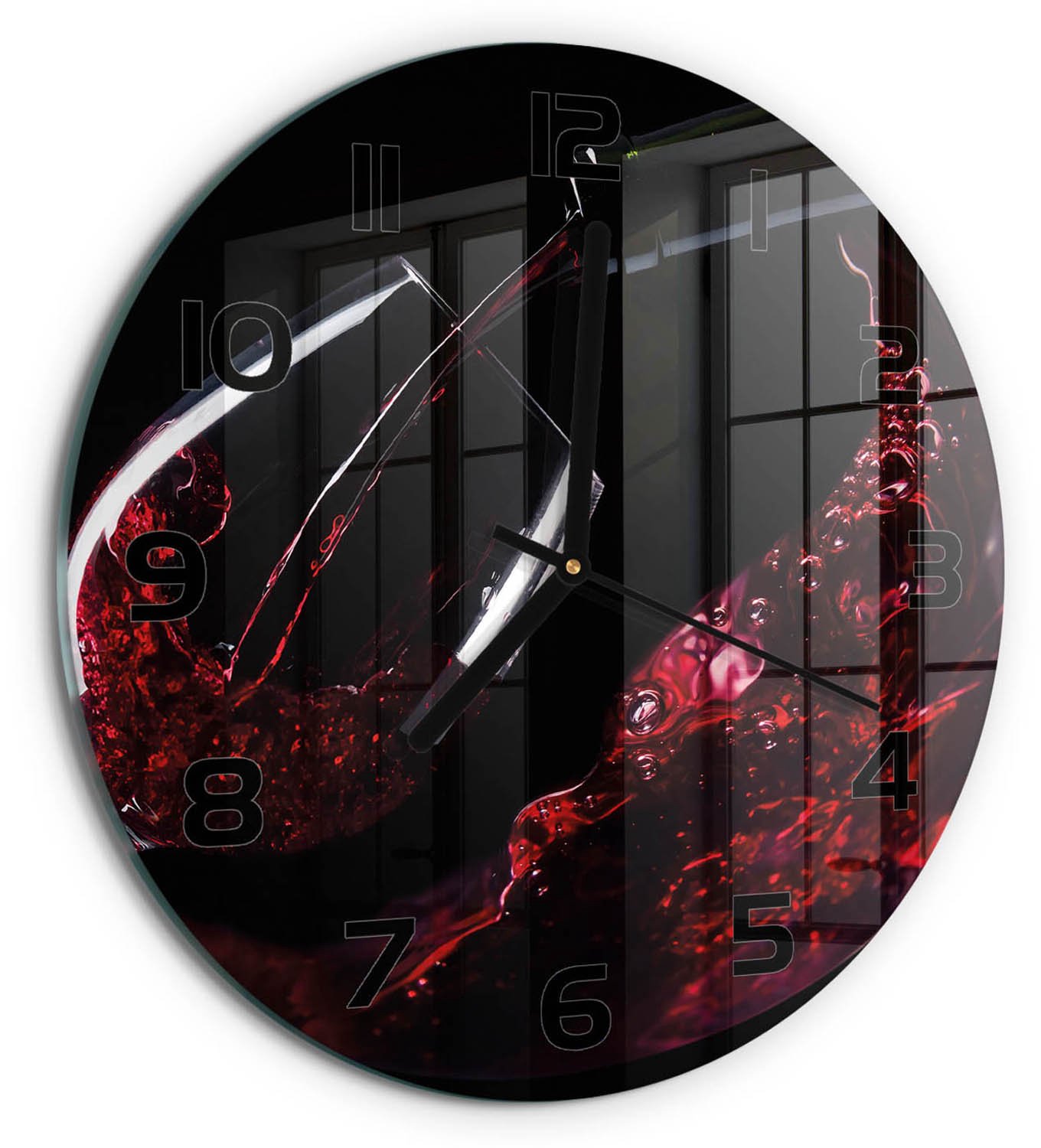 TULUP Wandklok - Rode wijn Glazen Klok Met Print - fi30 cm - Rood Wandklok Glas Met Motief - Zwarte handen - Ronde Klok - Wandklok Glas Decoratie - Gekleurde Glazen Klok