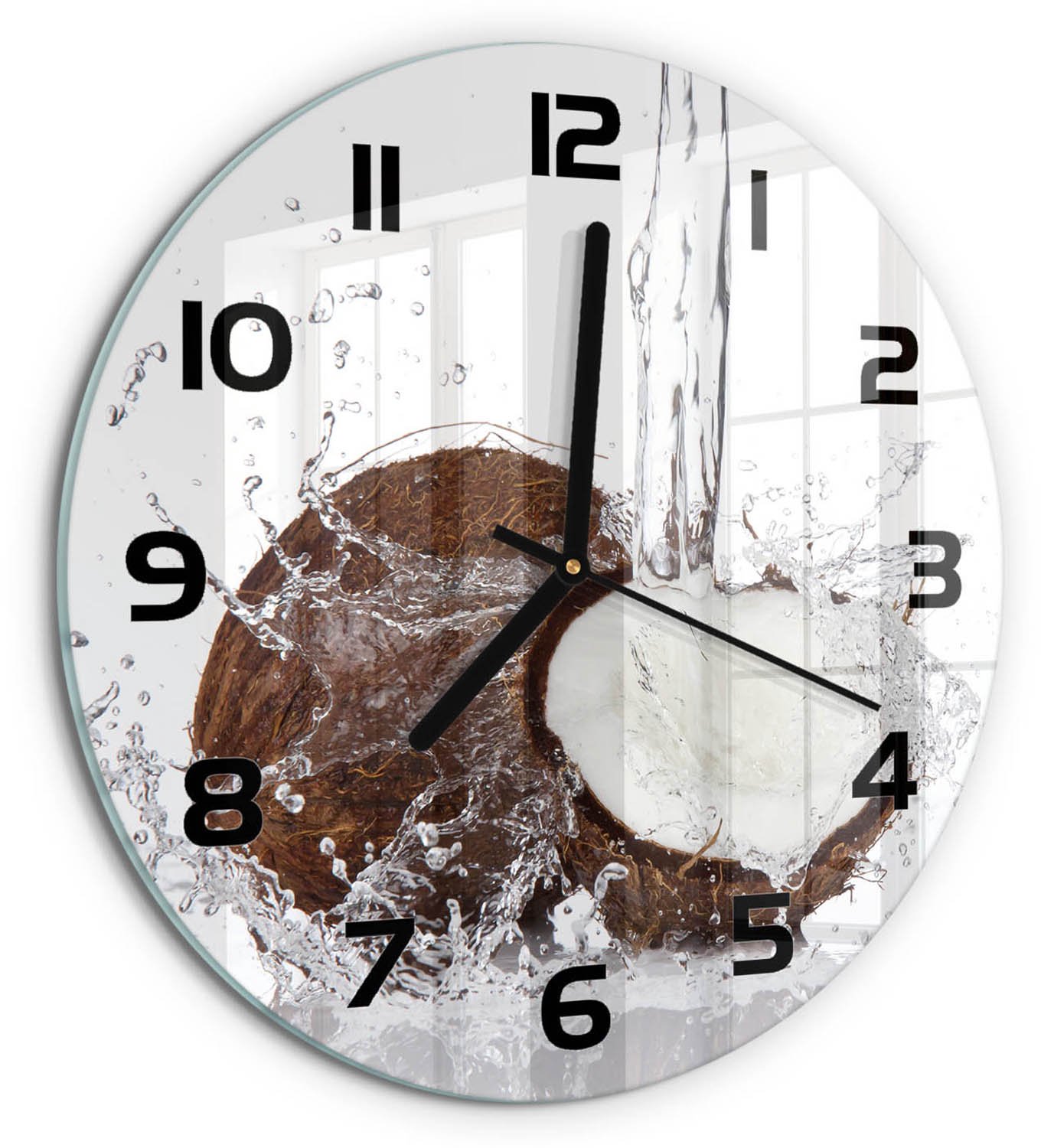 TULUP Wandklok - Kokosnoot Gekleurde Glazen Klok - fi30 cm - Bruin Glazen Klok Met Print - Zwarte handen - Ronde Klok - Moderne Wandklok Glas - Wandklok Glas Decoratie