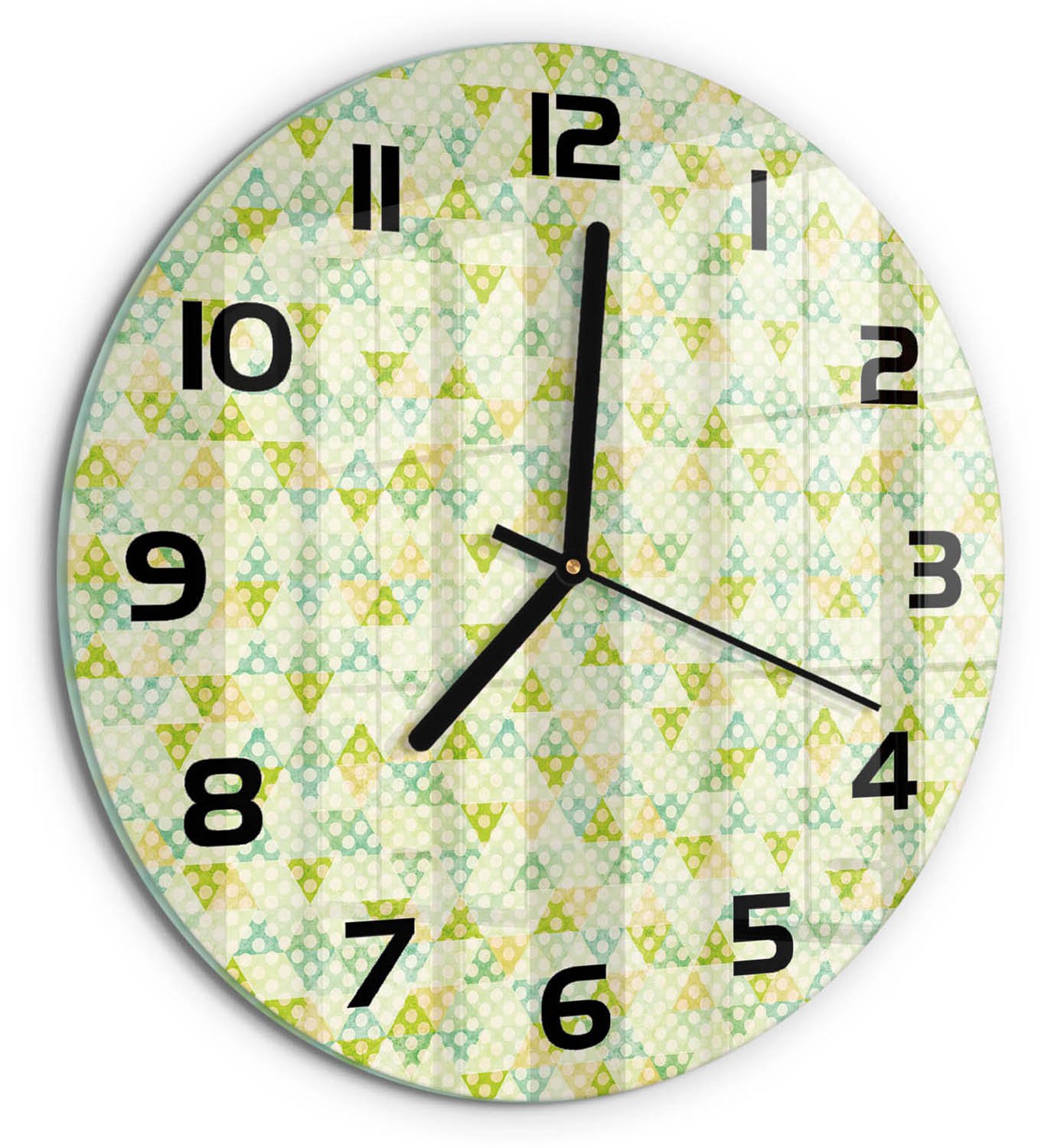 TULUP Wandklok - Geometrische achtergrond Moderne Wandklok Glas - fi30 cm - Groente Wandklok Glas Decoratie - Zwarte handen - Ronde Klok - Glazen Wandklok Design - Klok Glas Met Opdruk