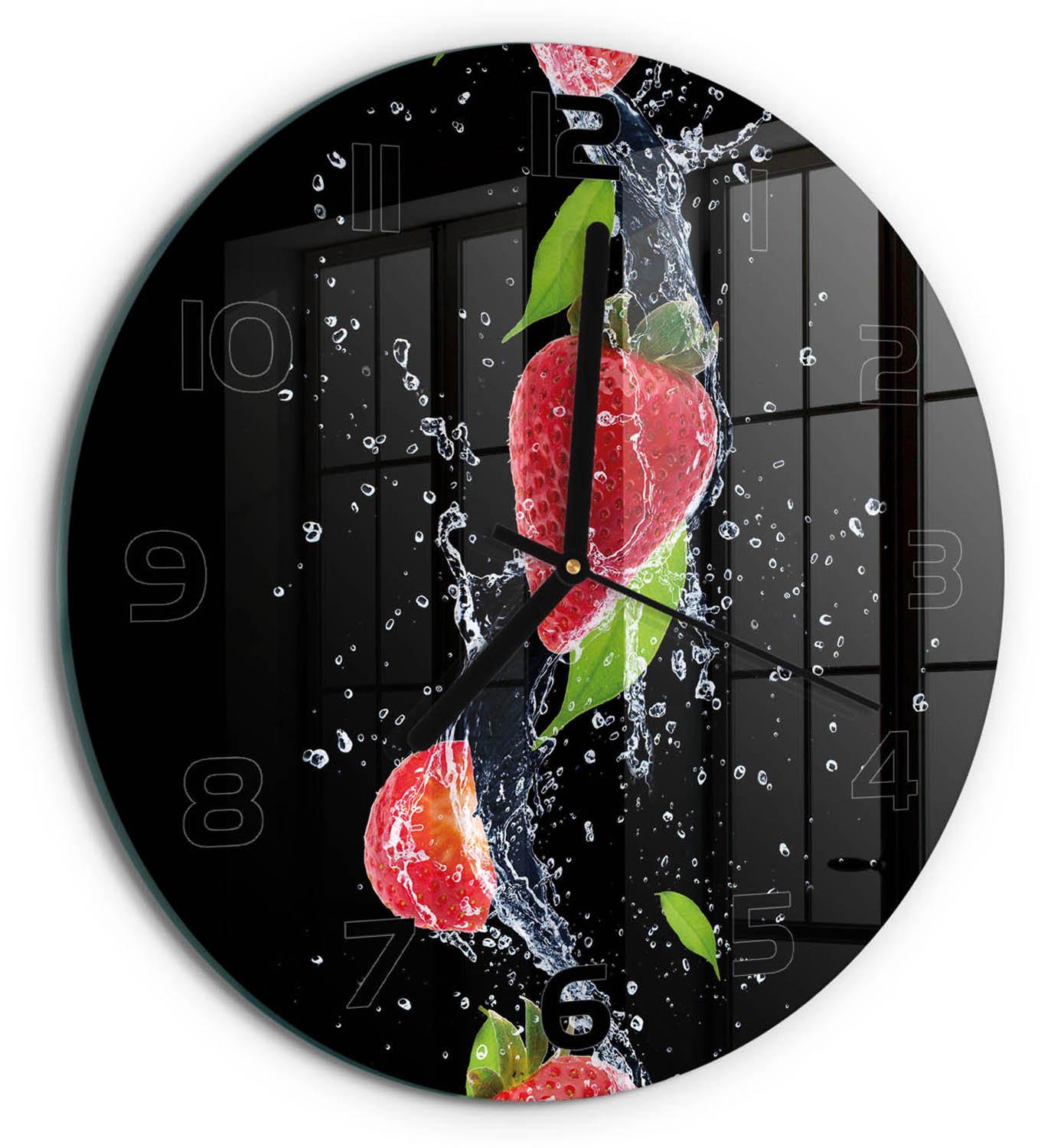 TULUP Wandklok - Aardbeien en water Glazen Klok Met Print - fi30 cm - Rood Wandklok Glas Met Motief - Zwarte handen - Ronde Klok - Wandklok Glas Decoratie - Gekleurde Glazen Klok