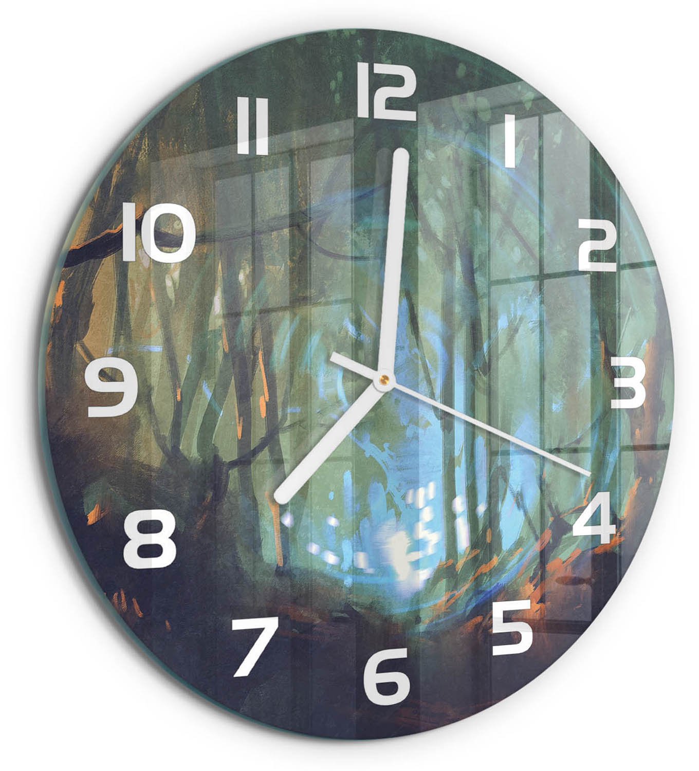 TULUP Wandklok - Mystiek bos Wandklok Glas Decoratie - fi30 cm - Blauw Gekleurde Glazen Klok - Witte handen - Ronde Klok - Klok Glas Met Opdruk - Moderne Wandklok Glas