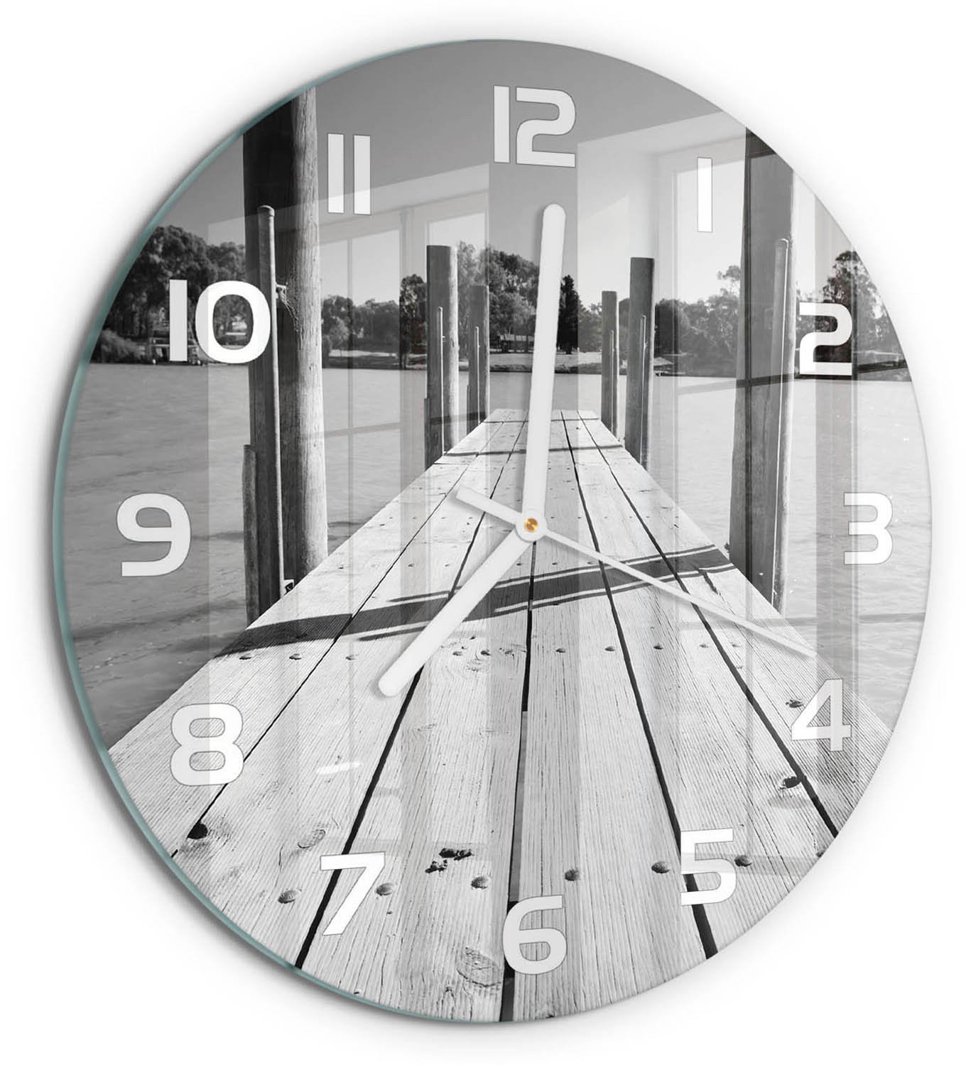 TULUP Wandklok - Houten brug Glazen Klok Met Print - fi30 cm - Zwart-wit Wandklok Glas Met Motief - Witte handen - Ronde Klok - Wandklok Glas Decoratie - Gekleurde Glazen Klok