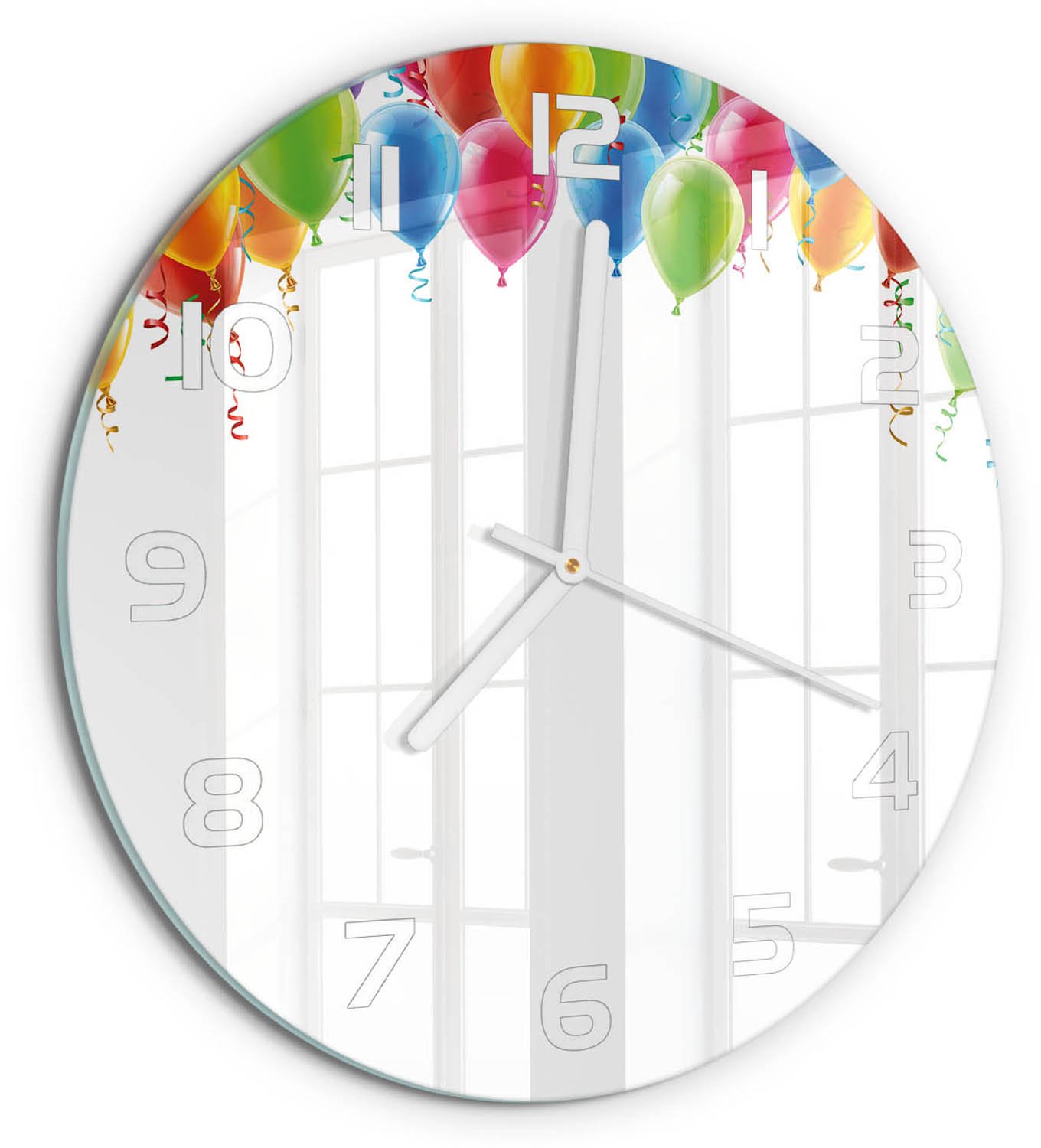 TULUP Wandklok - Kleurrijke ballonnen Wandklok Glas Met Motief - fi30 cm - Veelkleurig Decoratieve Glazen Klok - Witte handen - Ronde Klok - Gekleurde Glazen Klok - Glazen Klok Met Print