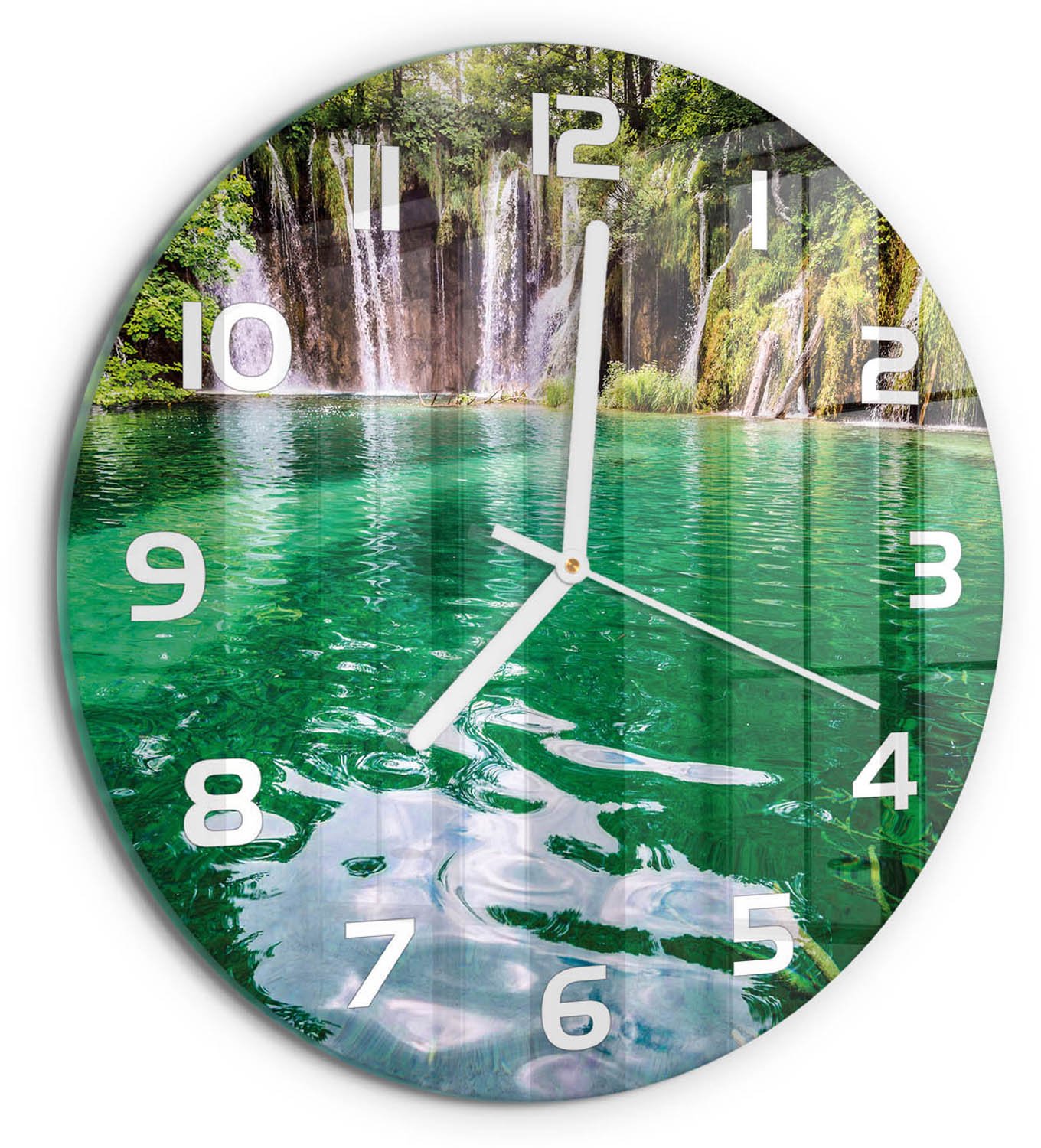 TULUP Wandklok - Plitvice-meren Gekleurde Glazen Klok - fi30 cm - Groente Glazen Klok Met Print - Witte handen - Ronde Klok - Moderne Wandklok Glas - Wandklok Glas Decoratie
