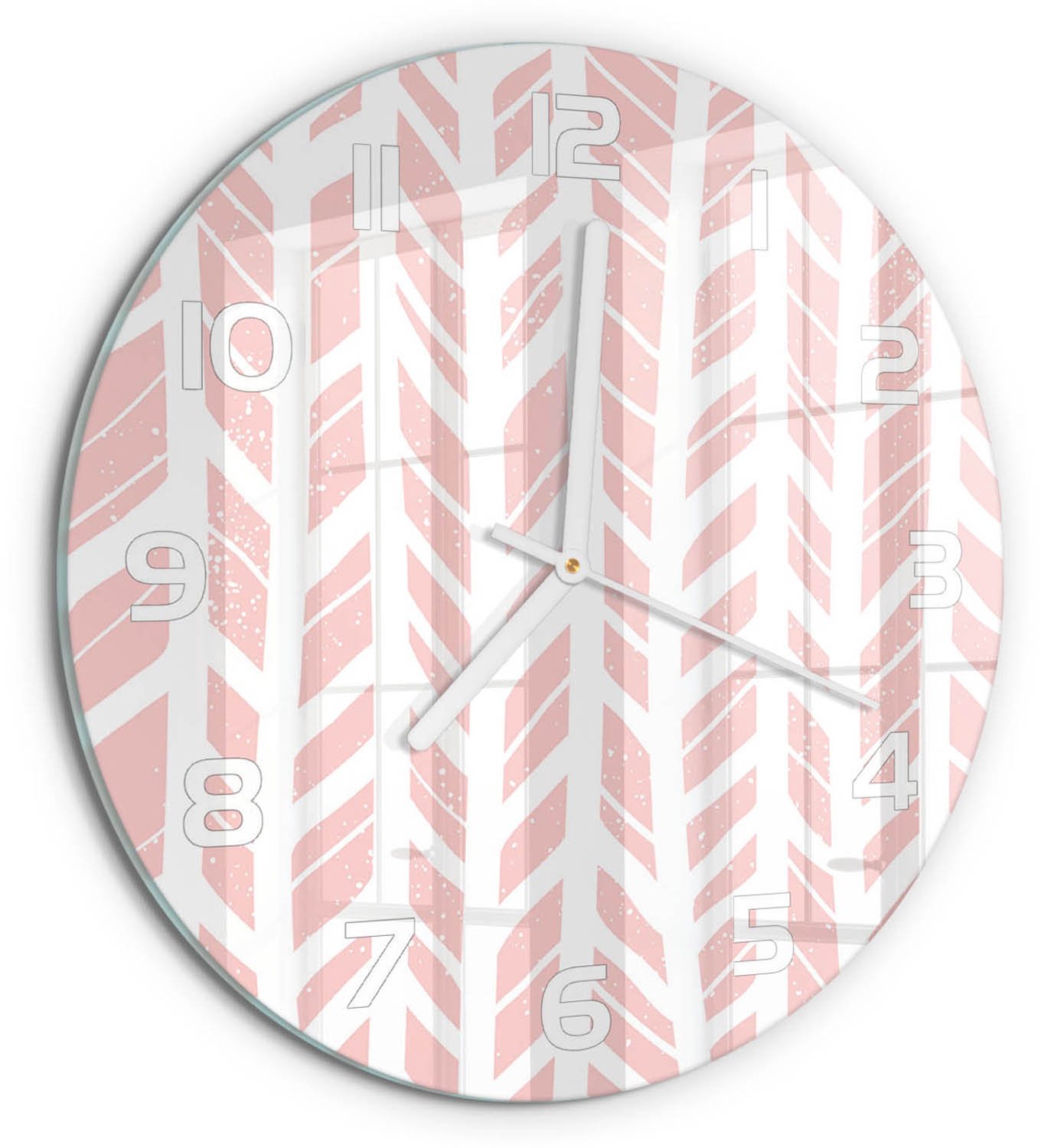 TULUP Wandklok - Visgraatpatroon Wandklok Glas Met Motief - fi30 cm - Roze Decoratieve Glazen Klok - Witte handen - Ronde Klok - Gekleurde Glazen Klok - Glazen Klok Met Print