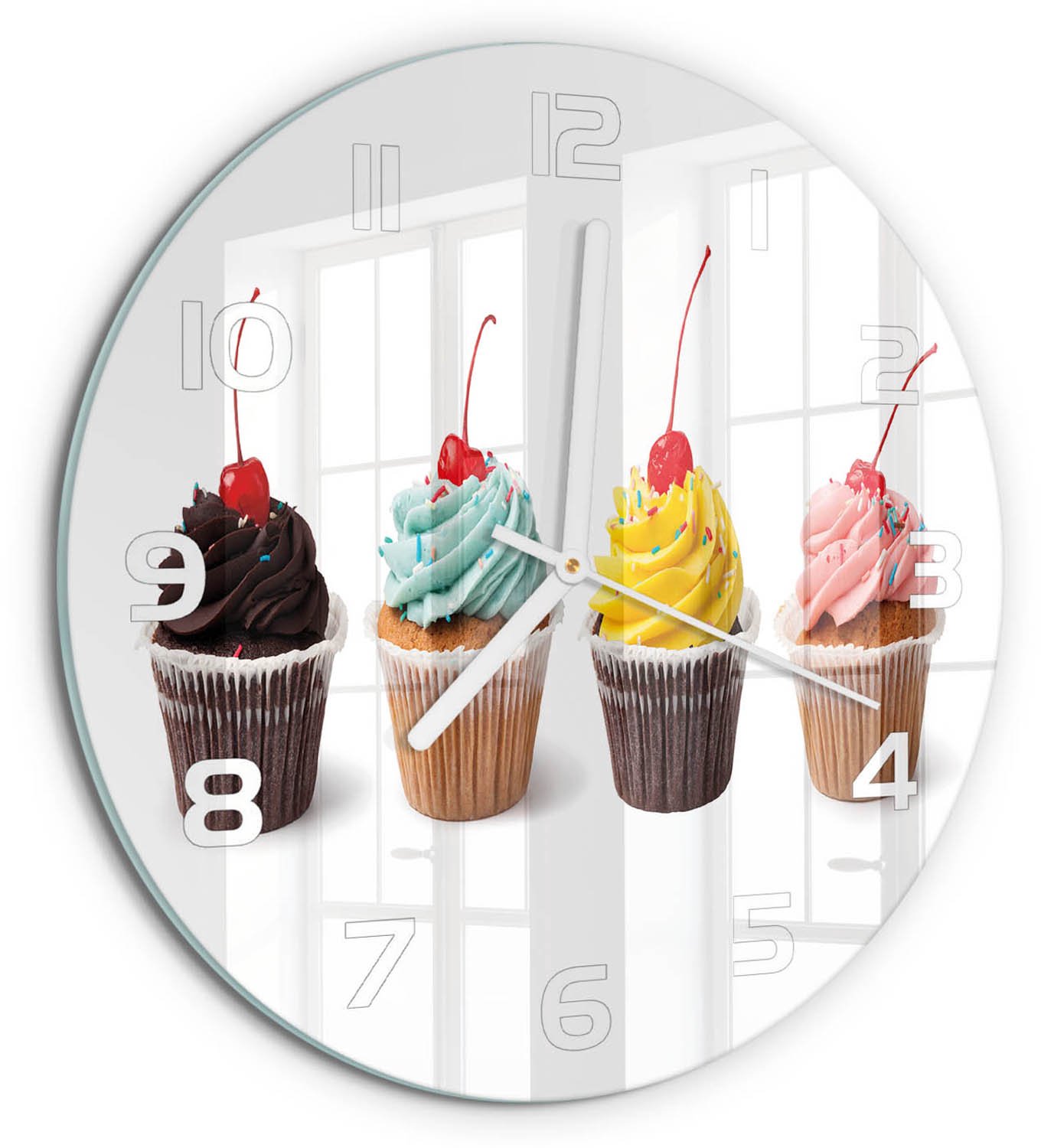 TULUP Wandklok - Muffins Wandklok Glas Decoratie - fi30 cm - Veelkleurig Gekleurde Glazen Klok - Witte handen - Ronde Klok - Klok Glas Met Opdruk - Moderne Wandklok Glas