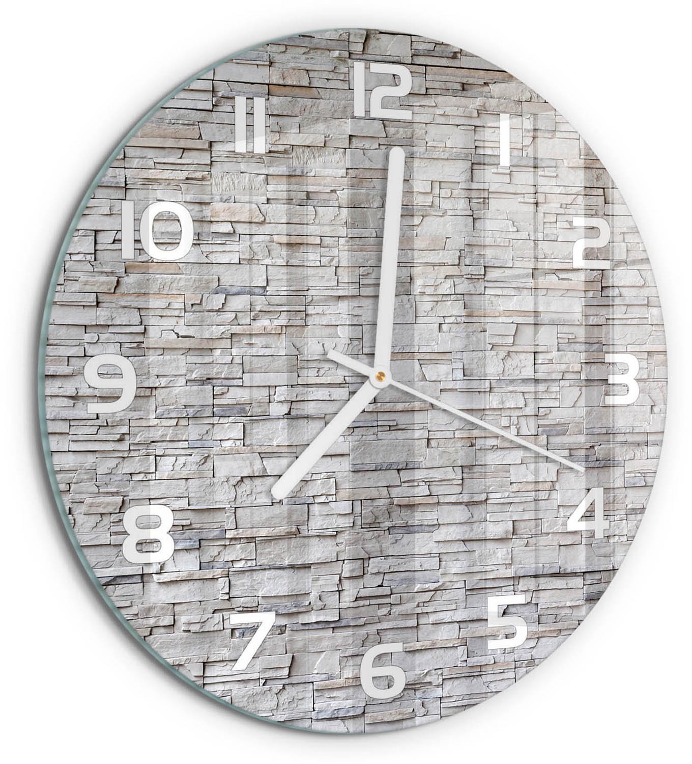 TULUP Wandklok - Stenen muur Glazen Klok Met Print - fi30 cm - Beige Wandklok Glas Met Motief - Witte handen - Ronde Klok - Wandklok Glas Decoratie - Gekleurde Glazen Klok