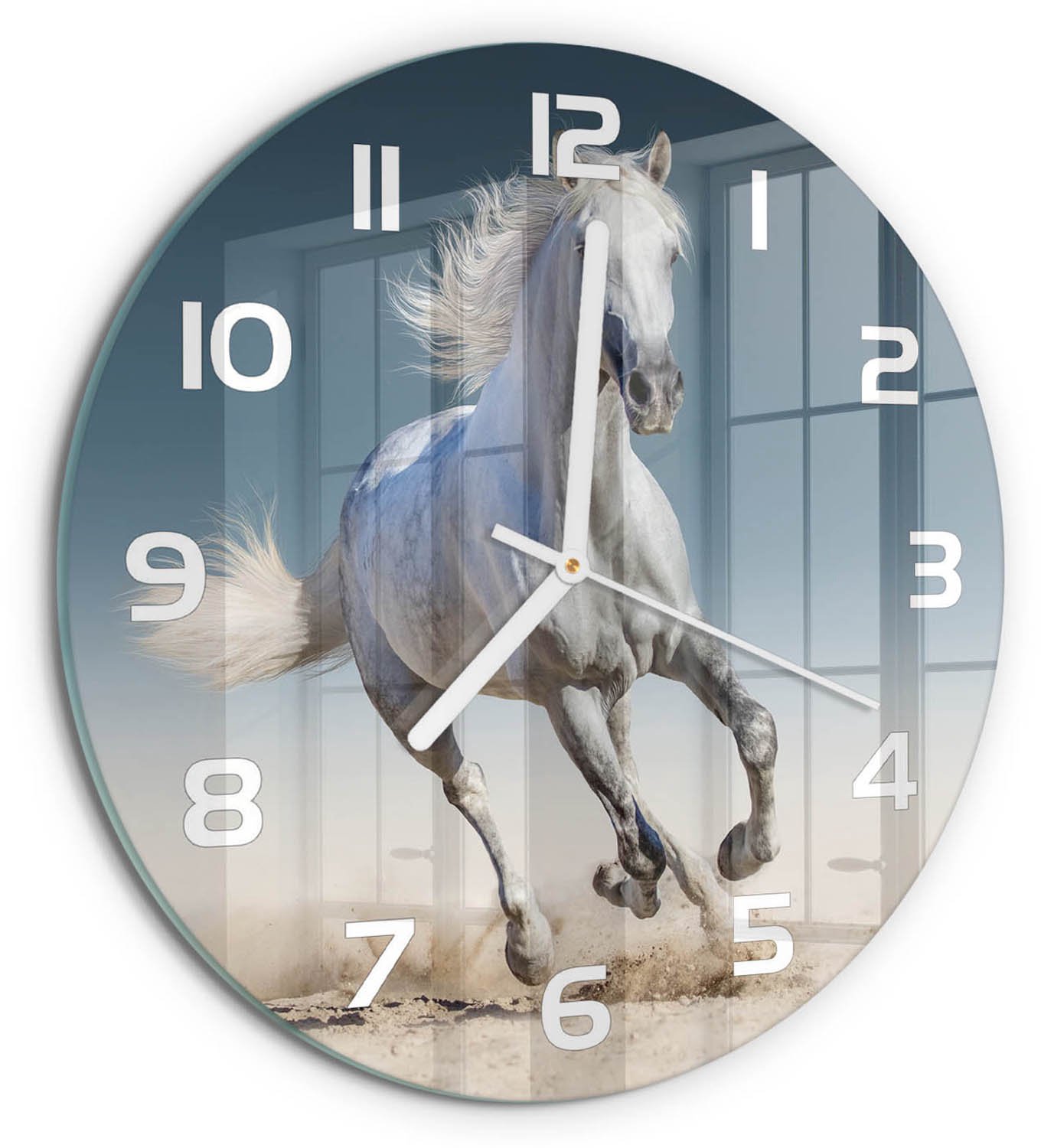 TULUP Wandklok - Galopperend grijs paard Wandklok Glas Decoratie - fi30 cm - Wit Gekleurde Glazen Klok - Witte handen - Ronde Klok - Klok Glas Met Opdruk - Moderne Wandklok Glas