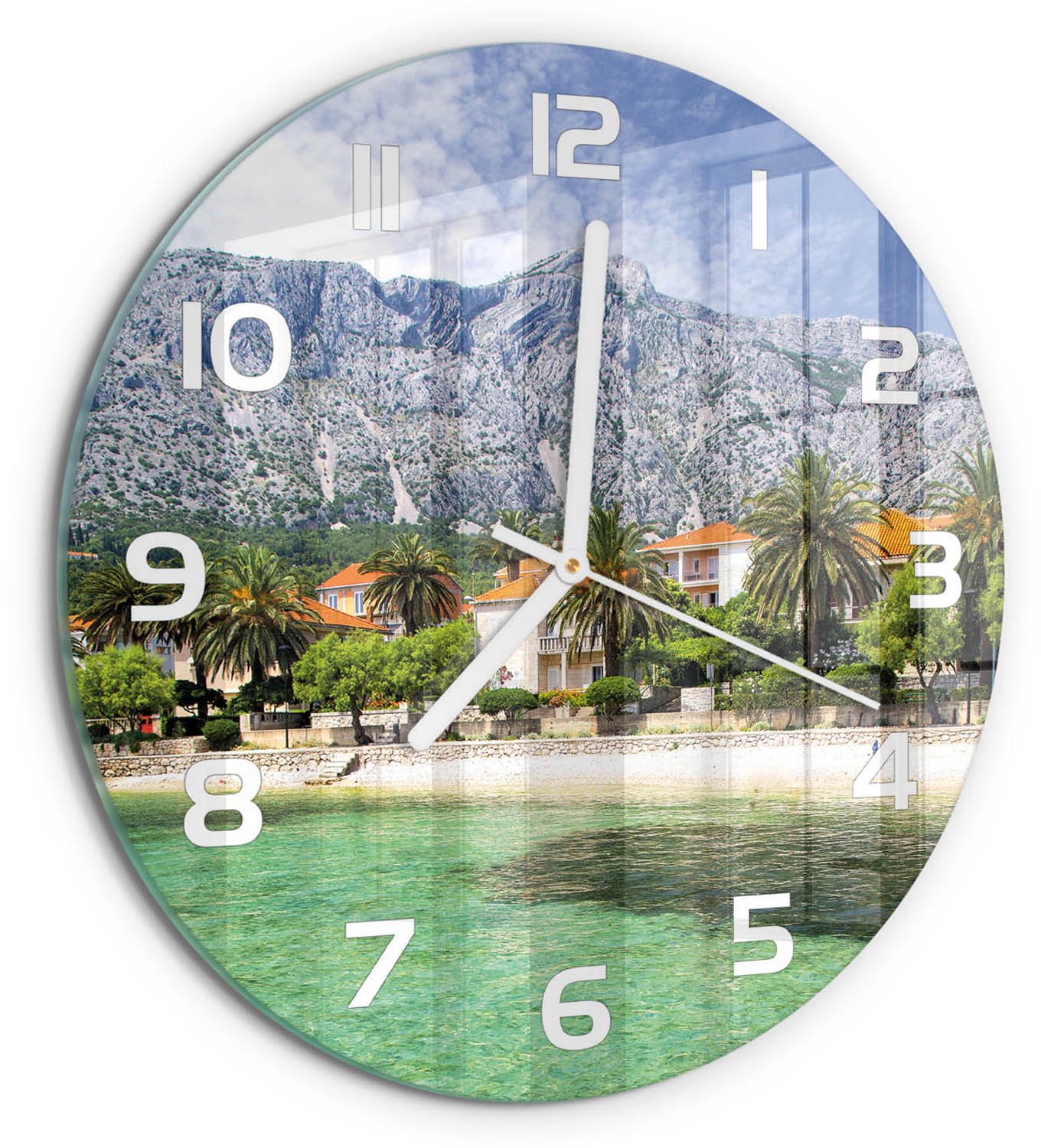 TULUP Wandklok - Strand in Kroatië Moderne Wandklok Glas - fi30 cm - Groente Wandklok Glas Decoratie - Witte handen - Ronde Klok - Glazen Wandklok Design - Klok Glas Met Opdruk