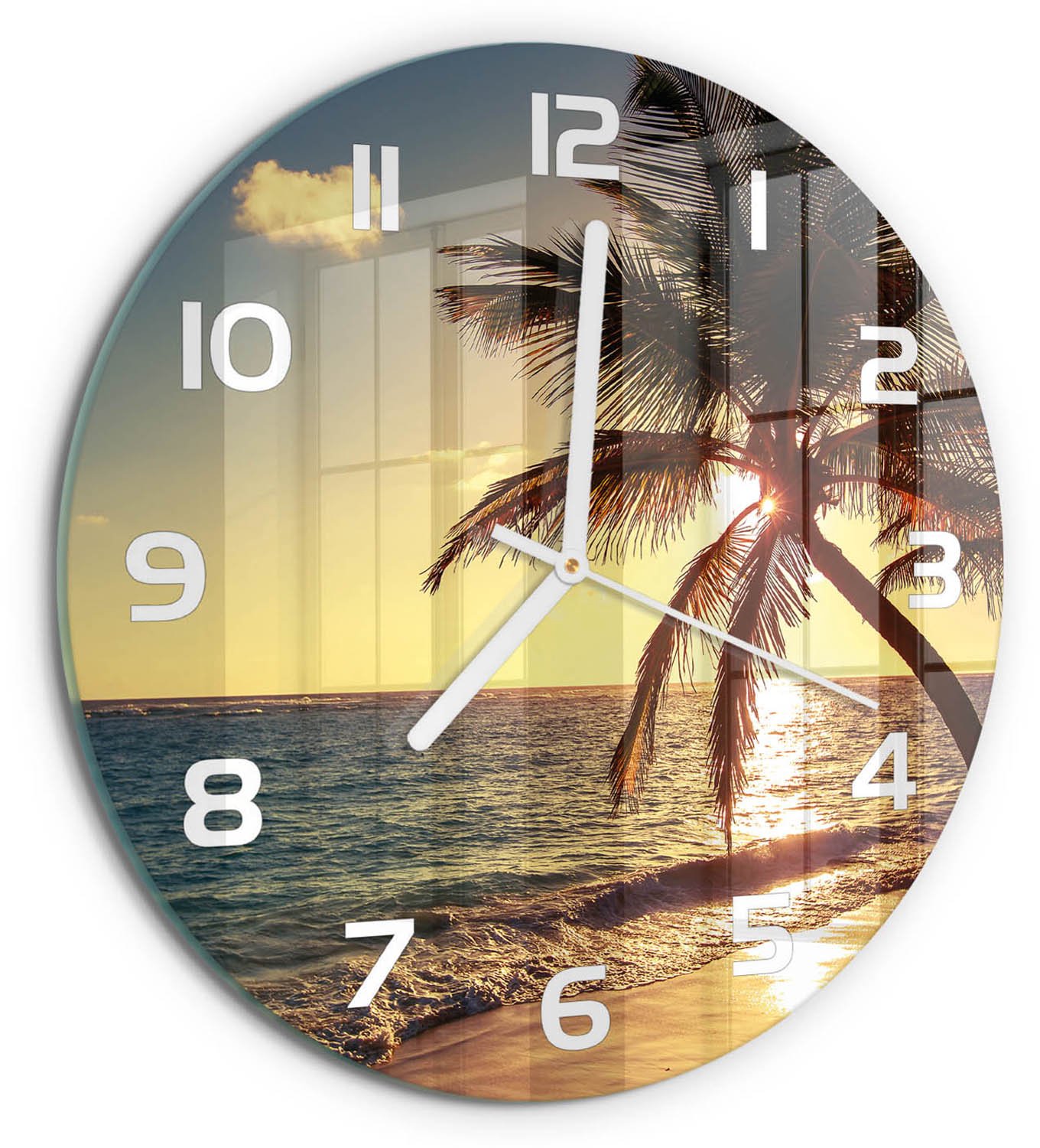 TULUP Wandklok - Tropisch strand Klok Glas Met Opdruk - fi30 cm - Geel Moderne Wandklok Glas - Witte handen - Ronde Klok - Decoratieve Glazen Klok - Glazen Wandklok Design