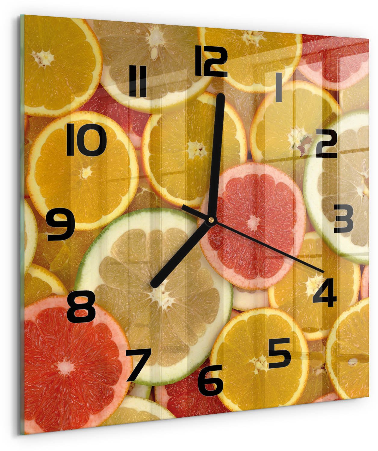 Tulup Wandklok - Citrusvruchten Wandklok Glas Decoratie - 30x30 cm - Veelkleurig Gekleurde Glazen Klok - Zwarte handen - Vierkante Klok - Klok Glas Met Opdruk - Moderne Wandklok Glas