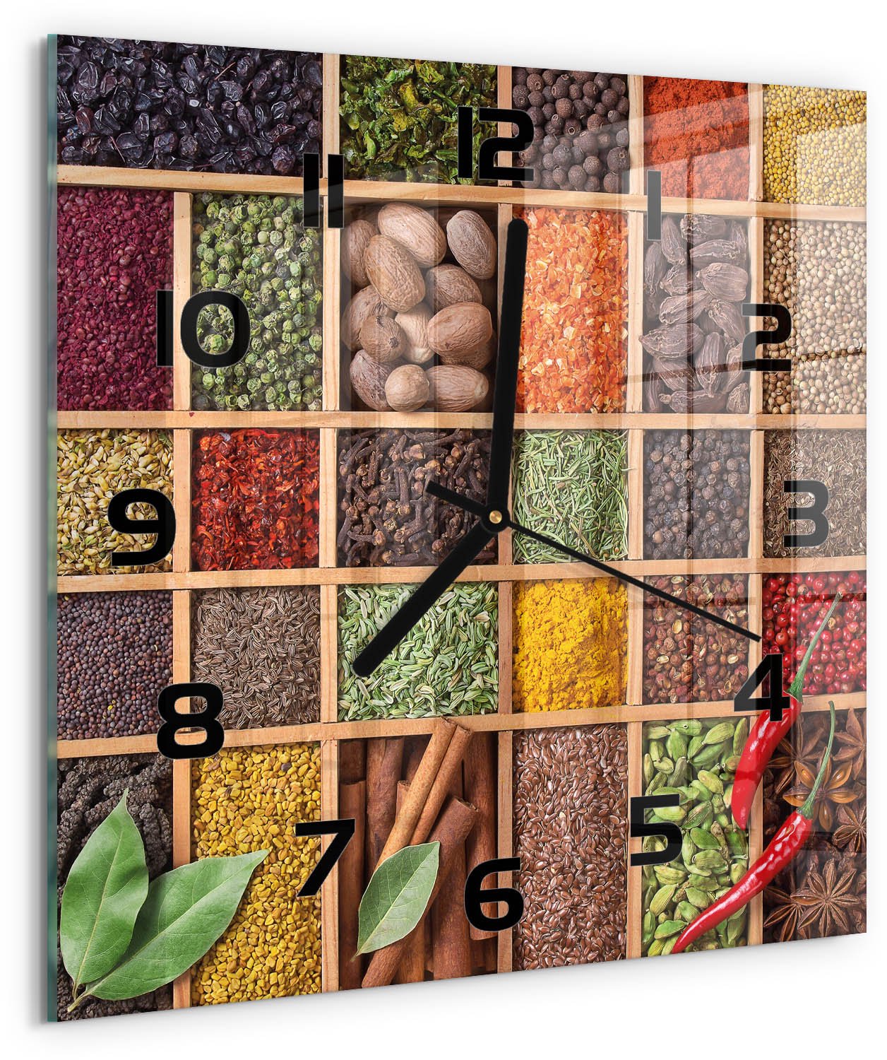 Tulup Wandklok - Specerijen en kruiden Klok Glas Met Opdruk - 30x30 cm - Veelkleurig Moderne Wandklok Glas - Zwarte handen - Vierkante Klok - Decoratieve Glazen Klok - Glazen Wandklok Design