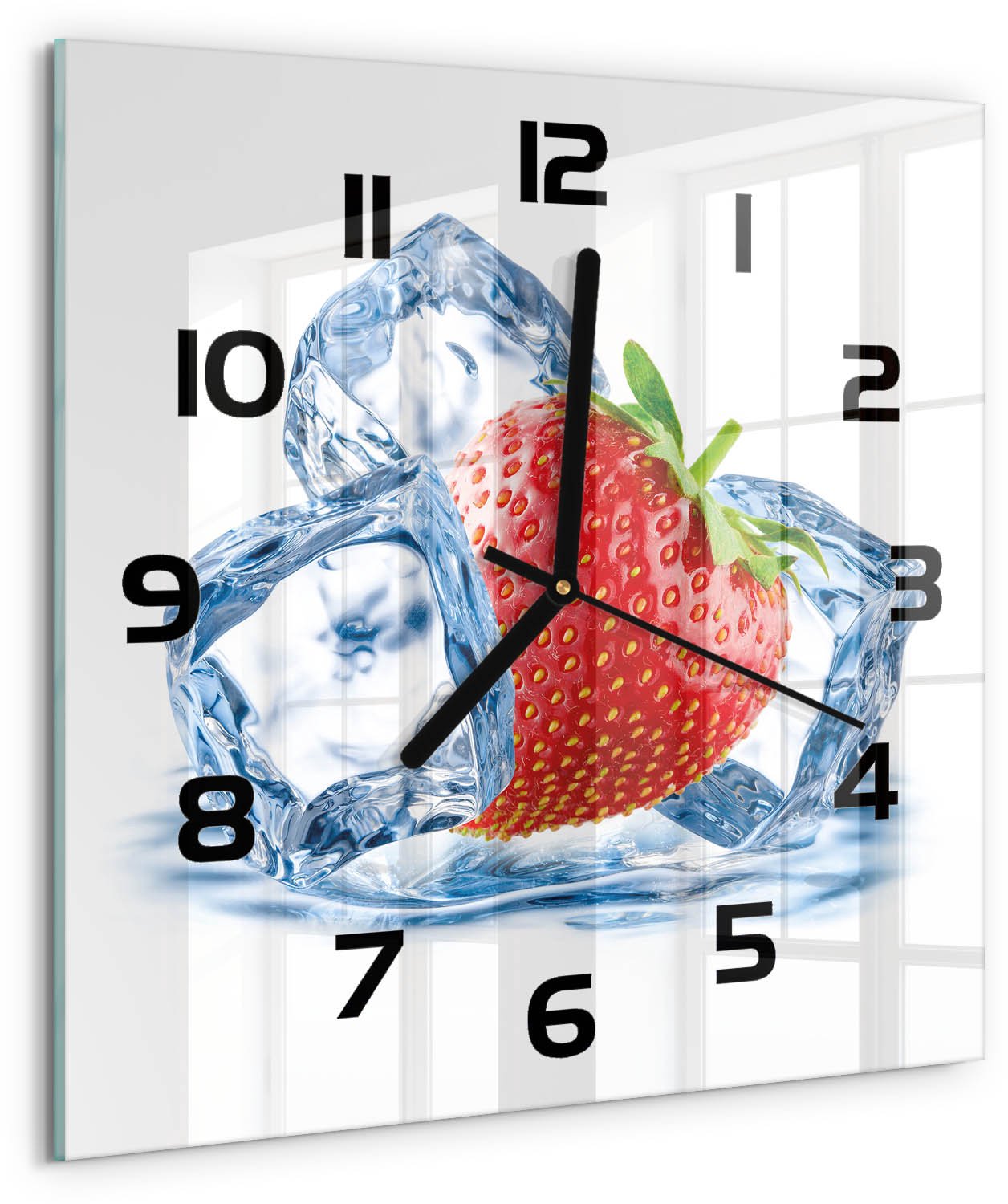 Tulup Wandklok - Aardbei met ijs Wandklok Glas Decoratie - 30x30 cm - Rood Gekleurde Glazen Klok - Zwarte handen - Vierkante Klok - Klok Glas Met Opdruk - Moderne Wandklok Glas