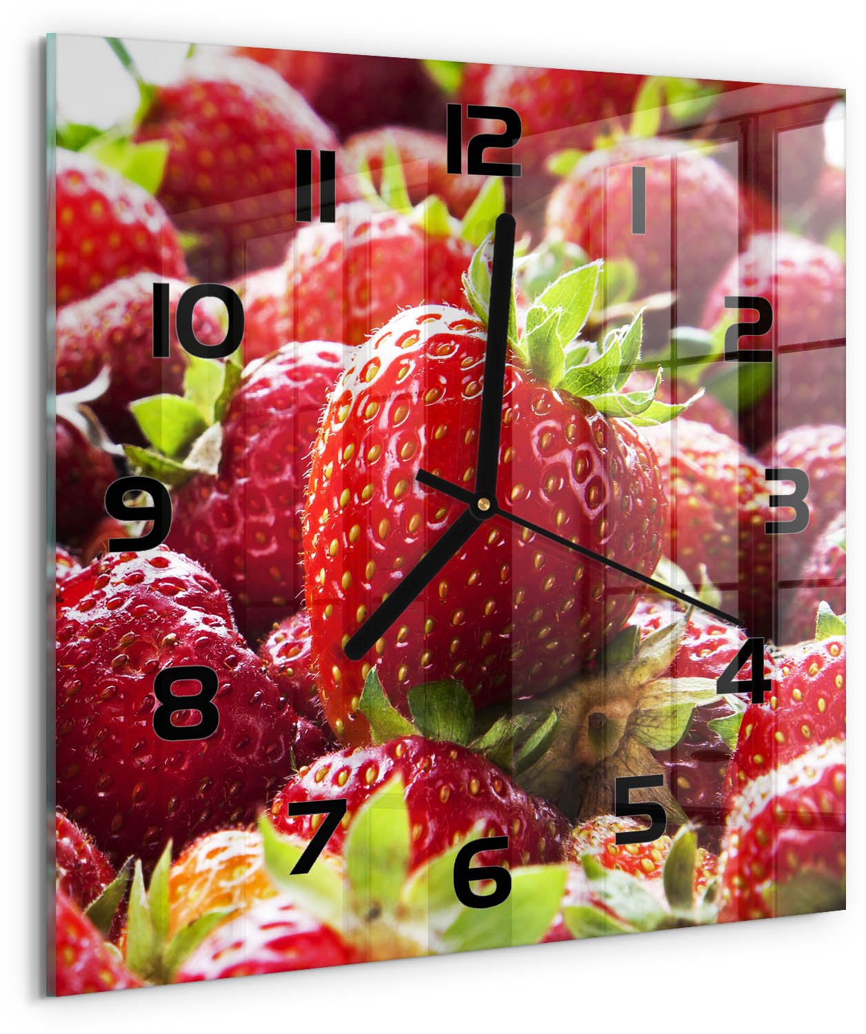 Tulup Wandklok - Aardbeien Decoratieve Glazen Klok - 30x30 cm - Rood Glazen Wandklok Design - Zwarte handen - Vierkante Klok - Glazen Klok Met Print - Wandklok Glas Met Motief