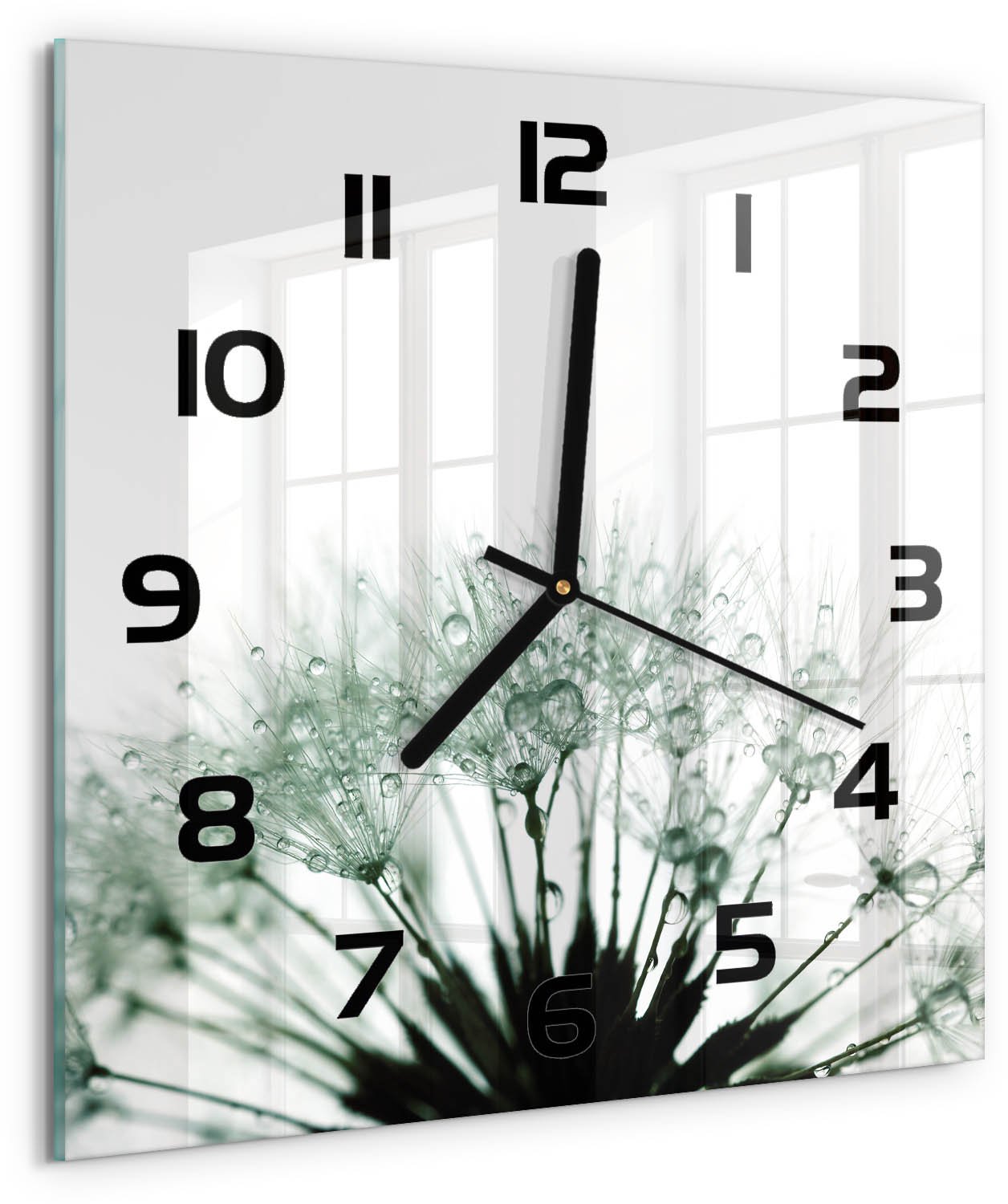 TULUP Wandklok - Paardenbloemzaden Glazen Klok Met Print - 30x30 cm - Wit Wandklok Glas Met Motief - Zwarte handen - Vierkante Klok - Wandklok Glas Decoratie - Gekleurde Glazen Klok