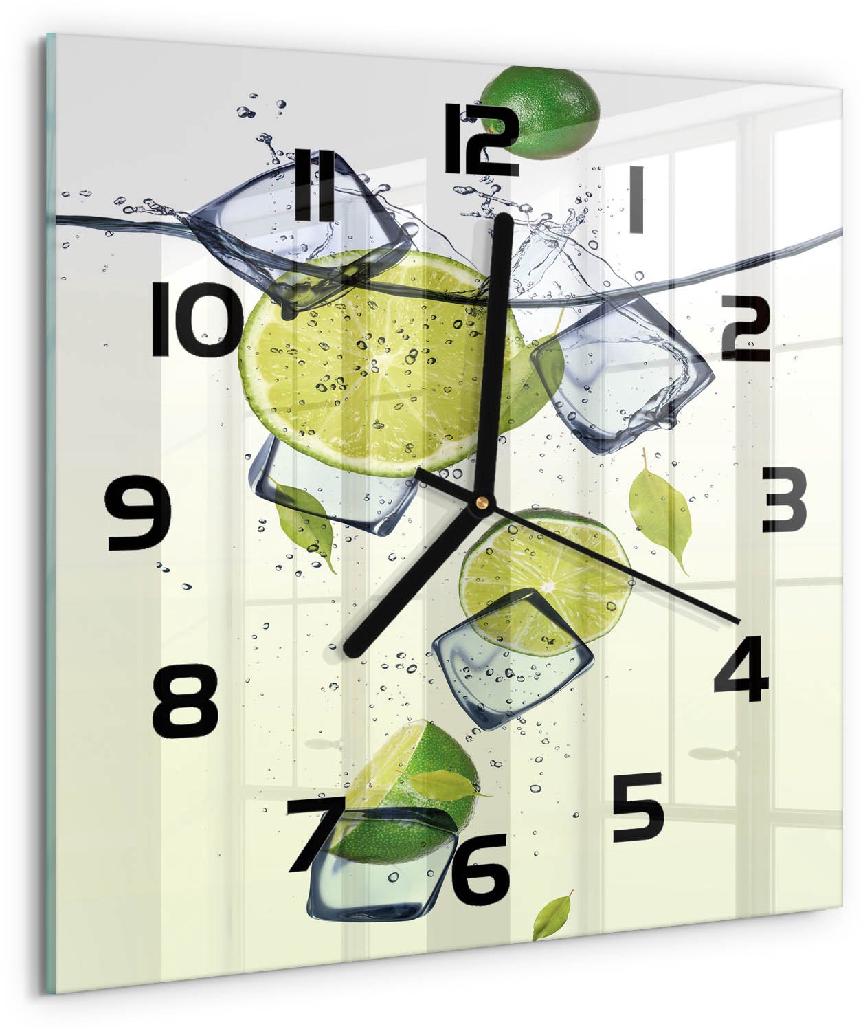 TULUP Wandklok - Limoenen en ijs Glazen Klok Met Print - 30x30 cm - Groente Wandklok Glas Met Motief - Zwarte handen - Vierkante Klok - Wandklok Glas Decoratie - Gekleurde Glazen Klok