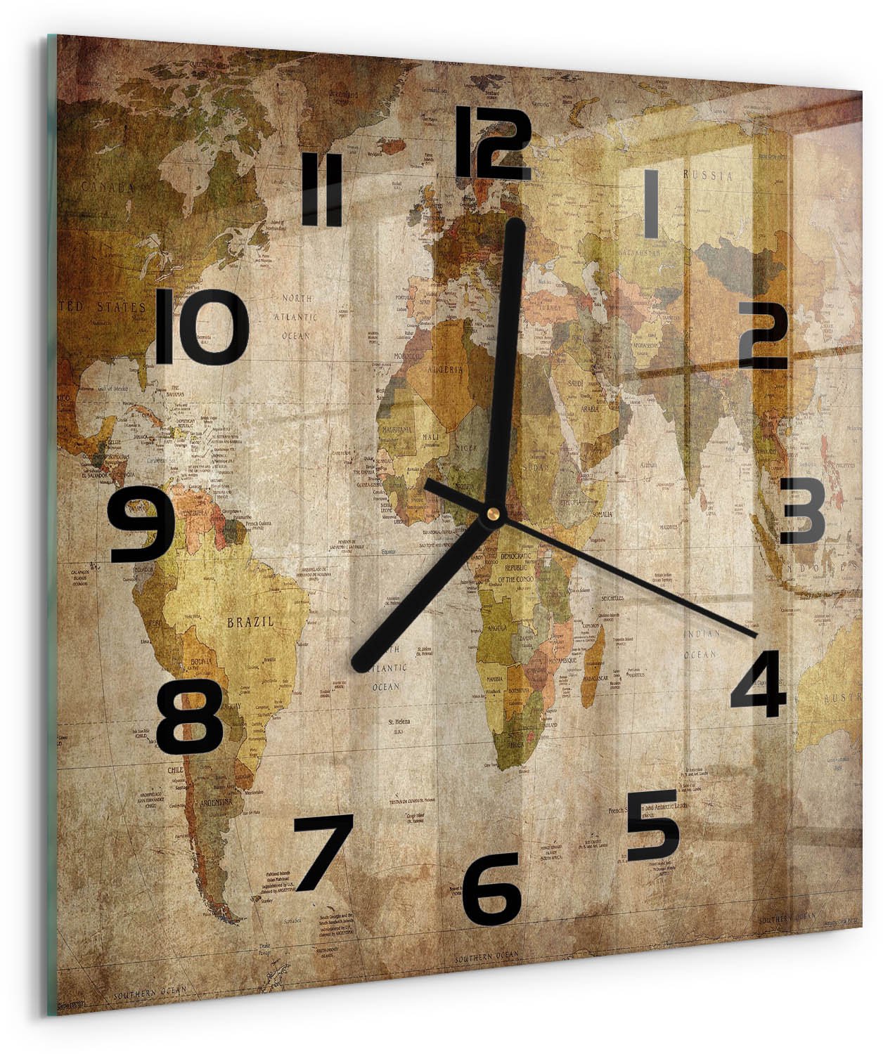TULUP Wandklok - Politieke kaart Moderne Wandklok Glas - 30x30 cm - Bruin Wandklok Glas Decoratie - Zwarte handen - Vierkante Klok - Glazen Wandklok Design - Klok Glas Met Opdruk