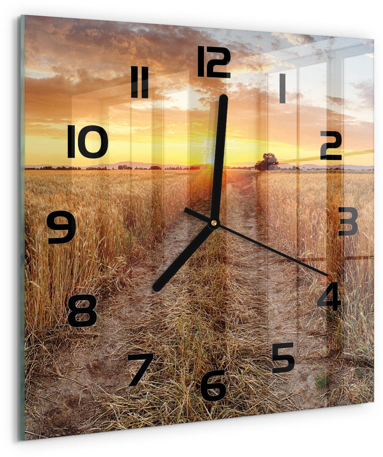 TULUP Wandklok - Tarweveld Glazen Wandklok Design - 30x30 cm - Geel Klok Glas Met Opdruk - Zwarte handen - Vierkante Klok - Wandklok Glas Met Motief - Decoratieve Glazen Klok