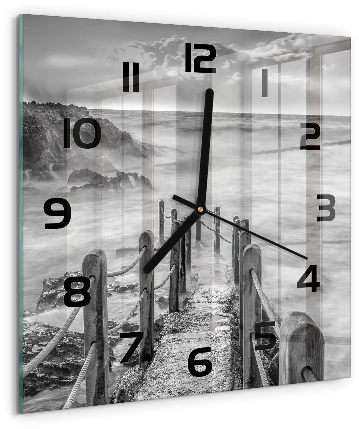 Tulup Wandklok - Pad langs de zee Gekleurde Glazen Klok - 30x30 cm - Zwart-wit Glazen Klok Met Print - Zwarte handen - Vierkante Klok - Moderne Wandklok Glas - Wandklok Glas Decoratie