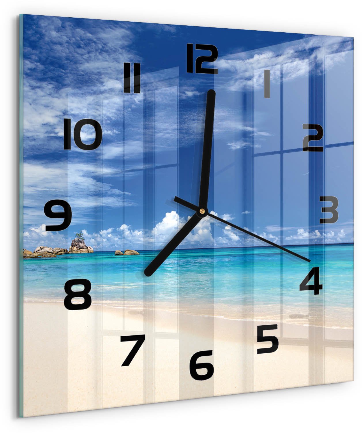 Tulup Wandklok - Tropisch strand Wandklok Glas Decoratie - 30x30 cm - Blauw Gekleurde Glazen Klok - Zwarte handen - Vierkante Klok - Klok Glas Met Opdruk - Moderne Wandklok Glas
