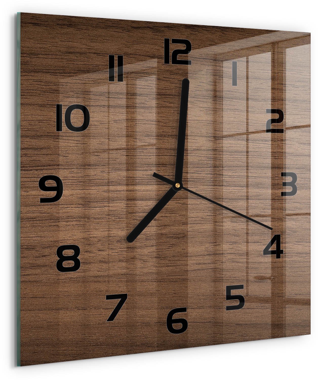 Tulup Wandklok - Houten achtergrond Wandklok Glas Decoratie - 30x30 cm - Bruin Gekleurde Glazen Klok - Zwarte handen - Vierkante Klok - Klok Glas Met Opdruk - Moderne Wandklok Glas