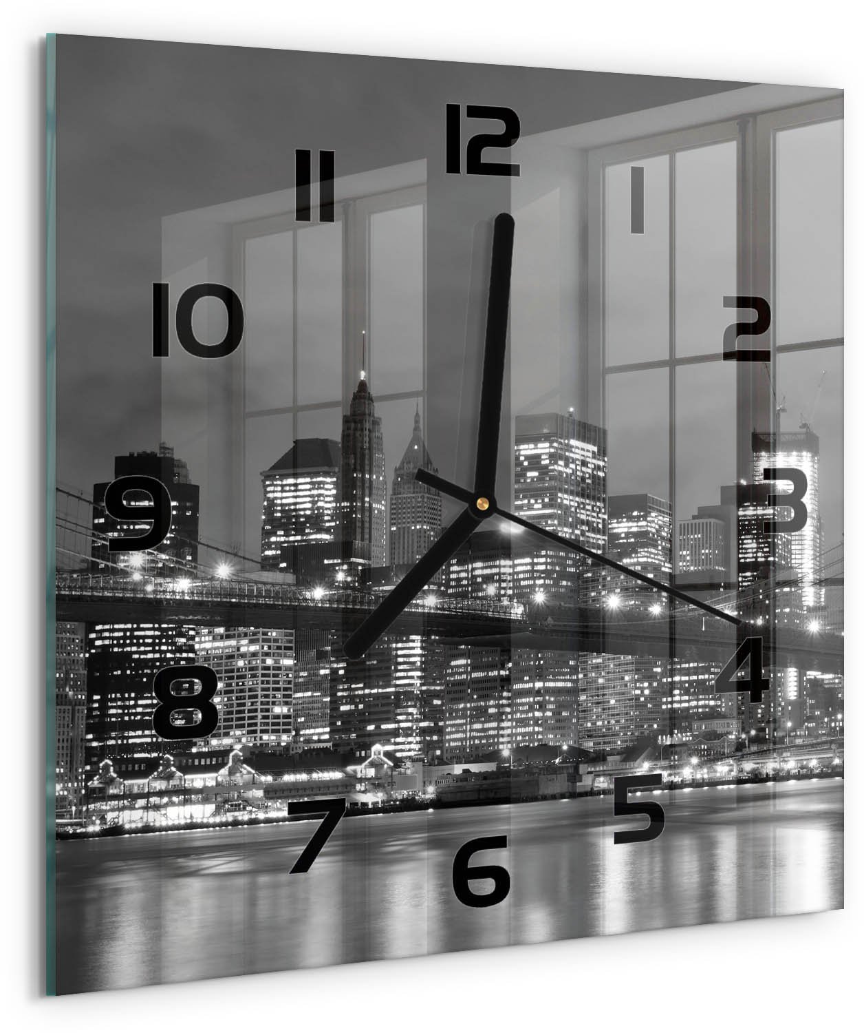 TULUP Wandklok - Manhattan, New York Gekleurde Glazen Klok - 30x30 cm - Zwart-wit Glazen Klok Met Print - Zwarte handen - Vierkante Klok - Moderne Wandklok Glas - Wandklok Glas Decoratie