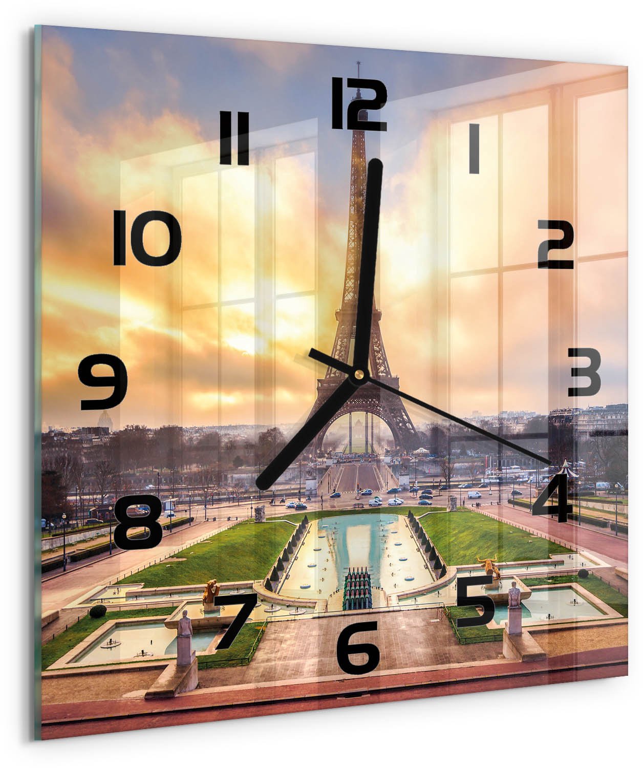 TULUP Wandklok - Eiffeltoren Parijs Gekleurde Glazen Klok - 30x30 cm - Geel Glazen Klok Met Print - Zwarte handen - Vierkante Klok - Moderne Wandklok Glas - Wandklok Glas Decoratie