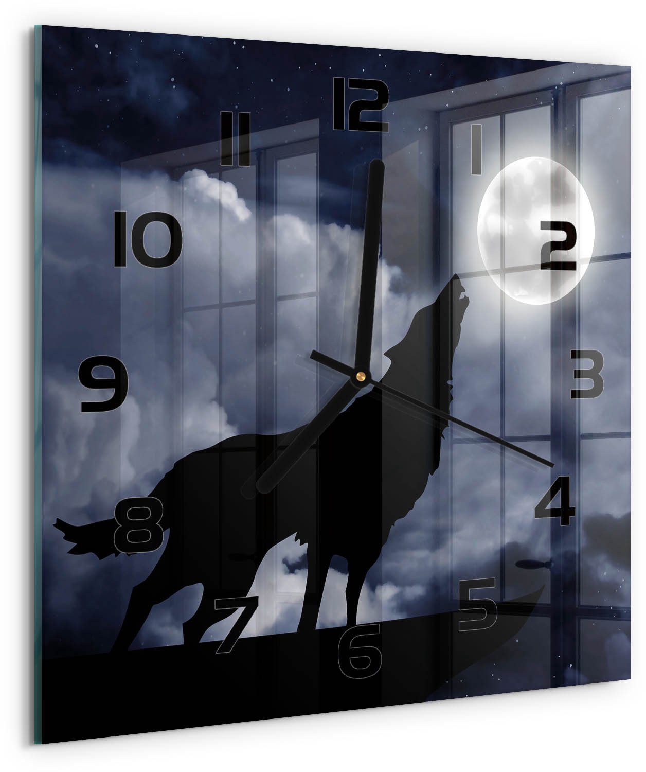 TULUP Wandklok - Huilende Wolf Volle Maan Klok Glas Met Opdruk - 30x30 cm - Zwart Moderne Wandklok Glas - Zwarte handen - Vierkante Klok - Decoratieve Glazen Klok - Glazen Wandklok Design