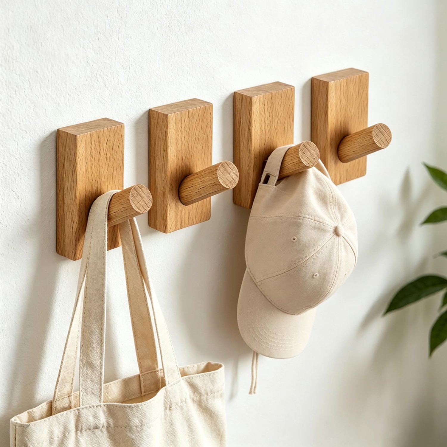 Houten wandhaken 4 stuks - zelfklevend - zonder boren - praktische oplossing voor elke ruimte - ShopVlot