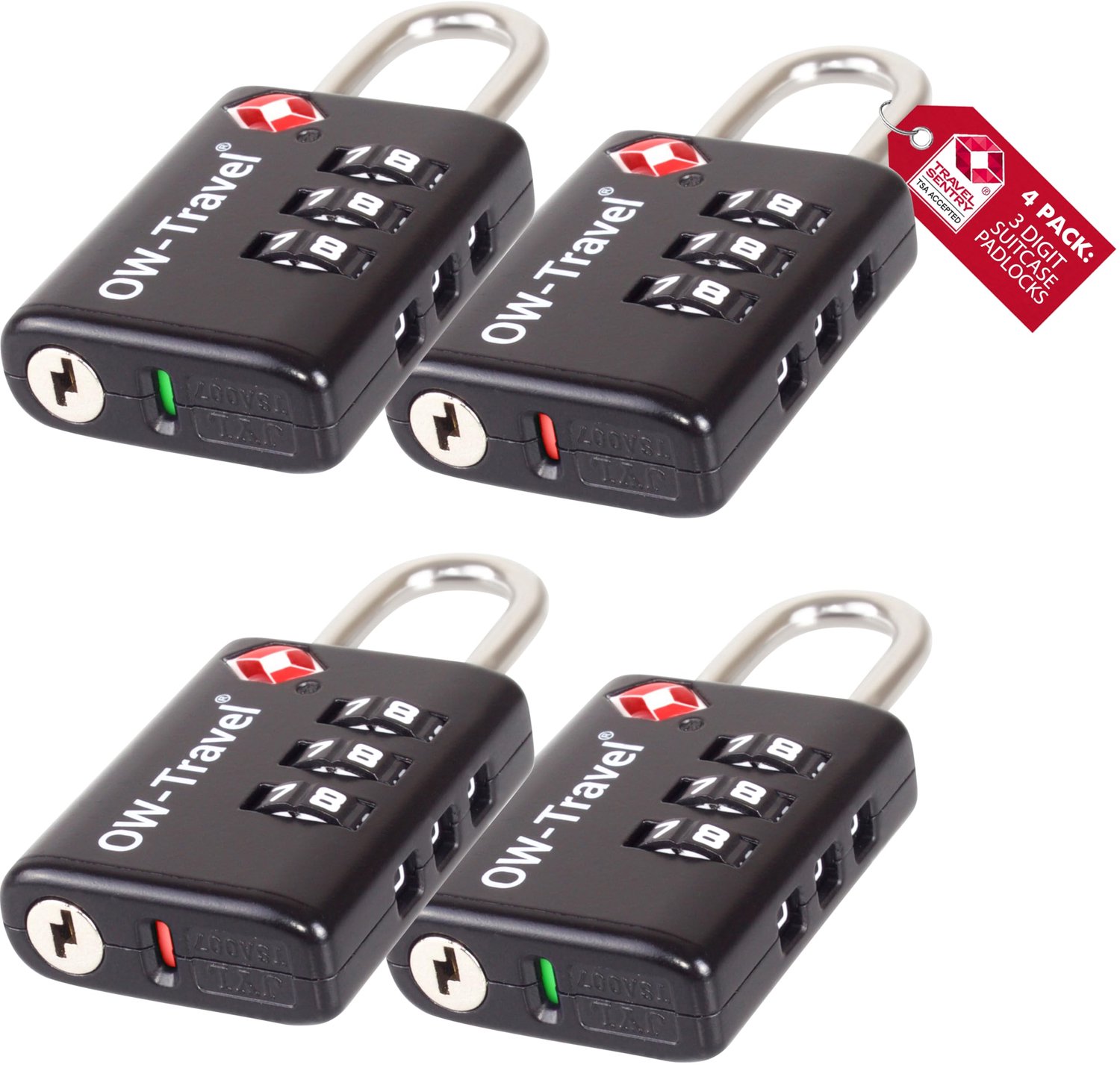 OW-Travel TSA Slot Cijferslot 3 Cijfers, Kofferslot Indicator Zwart 4 St.