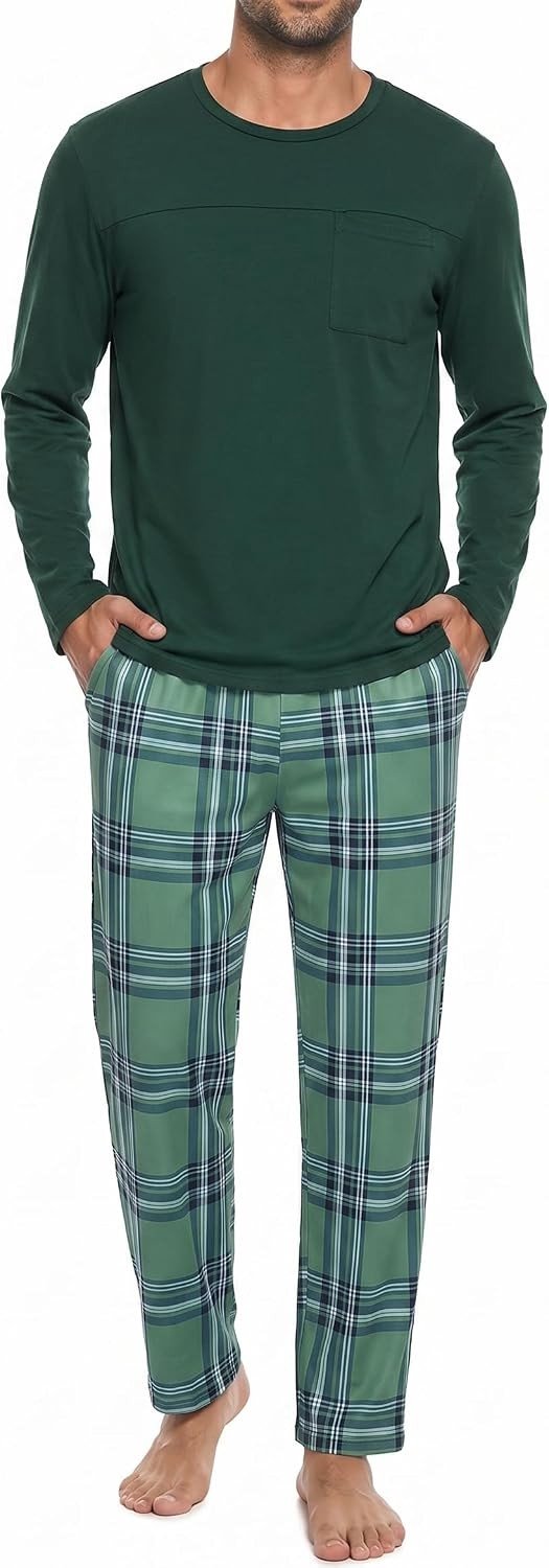 Lange Herenpyjama - XL - T4 - Met Ronde Hals en Geruite Broek - Voor Dames