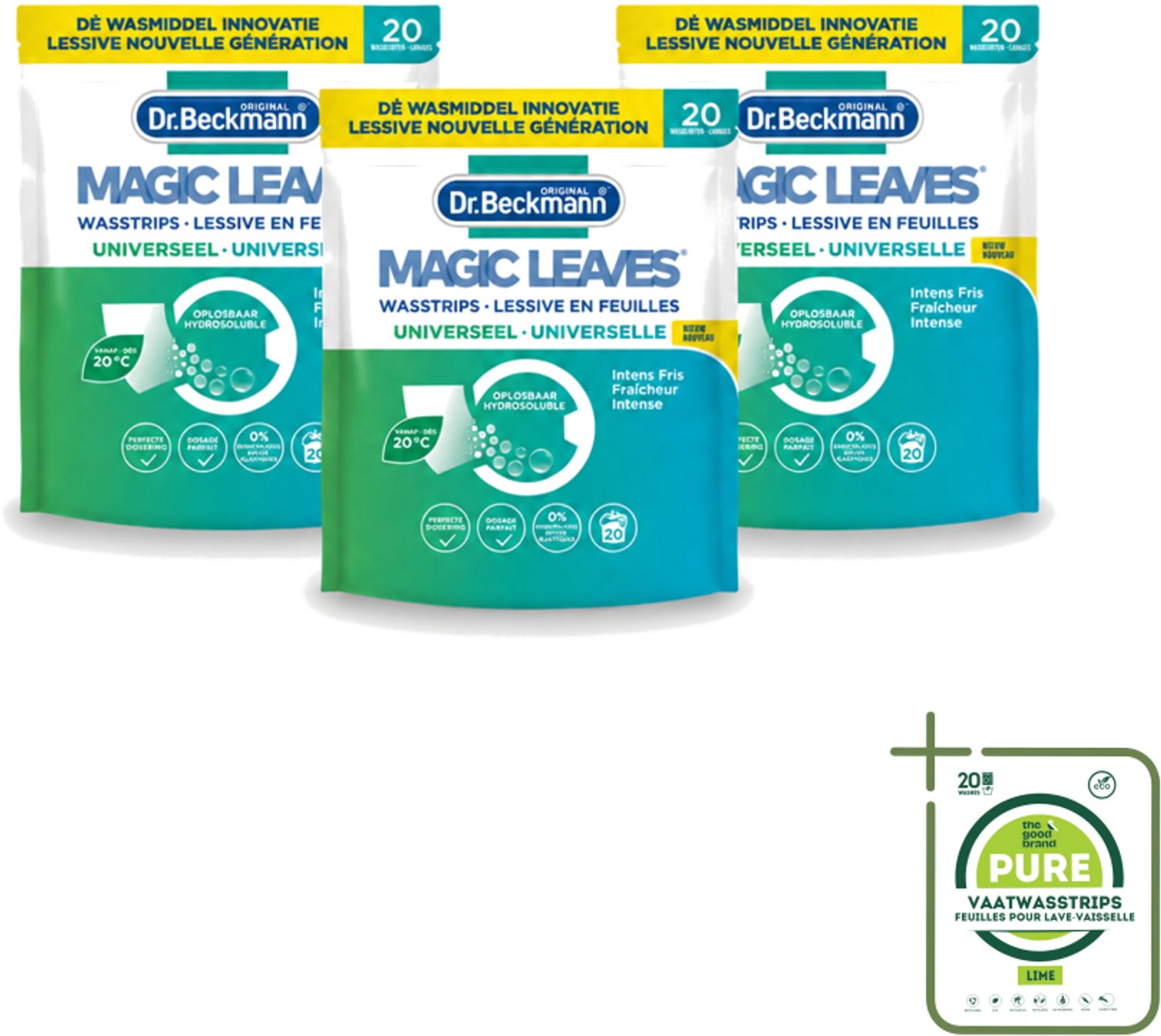 3 x Dr. Beckmann - Magic Leaves Universeel - Wasstrips - Witte en Gekleurde Was - 20 Wasbeurten - Grootverpakking - Vaatwasstrips - Wasstrips - Wasstrips Wit - Wasstrips Gekleurd - Wasstrips 20 Beurten - Wasstrips Milieuvriendelijk
