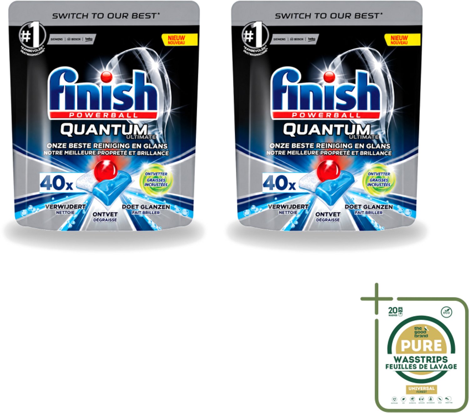 2 x Finish Powerball - Quantum Ultimate - Vaatwastabletten - Ontvetter - 40 Tabletten - Wasstrips - Vaatwasmiddel - Vaatwastablet - Ontvetter - Vaatwasser - Vetverwijdering