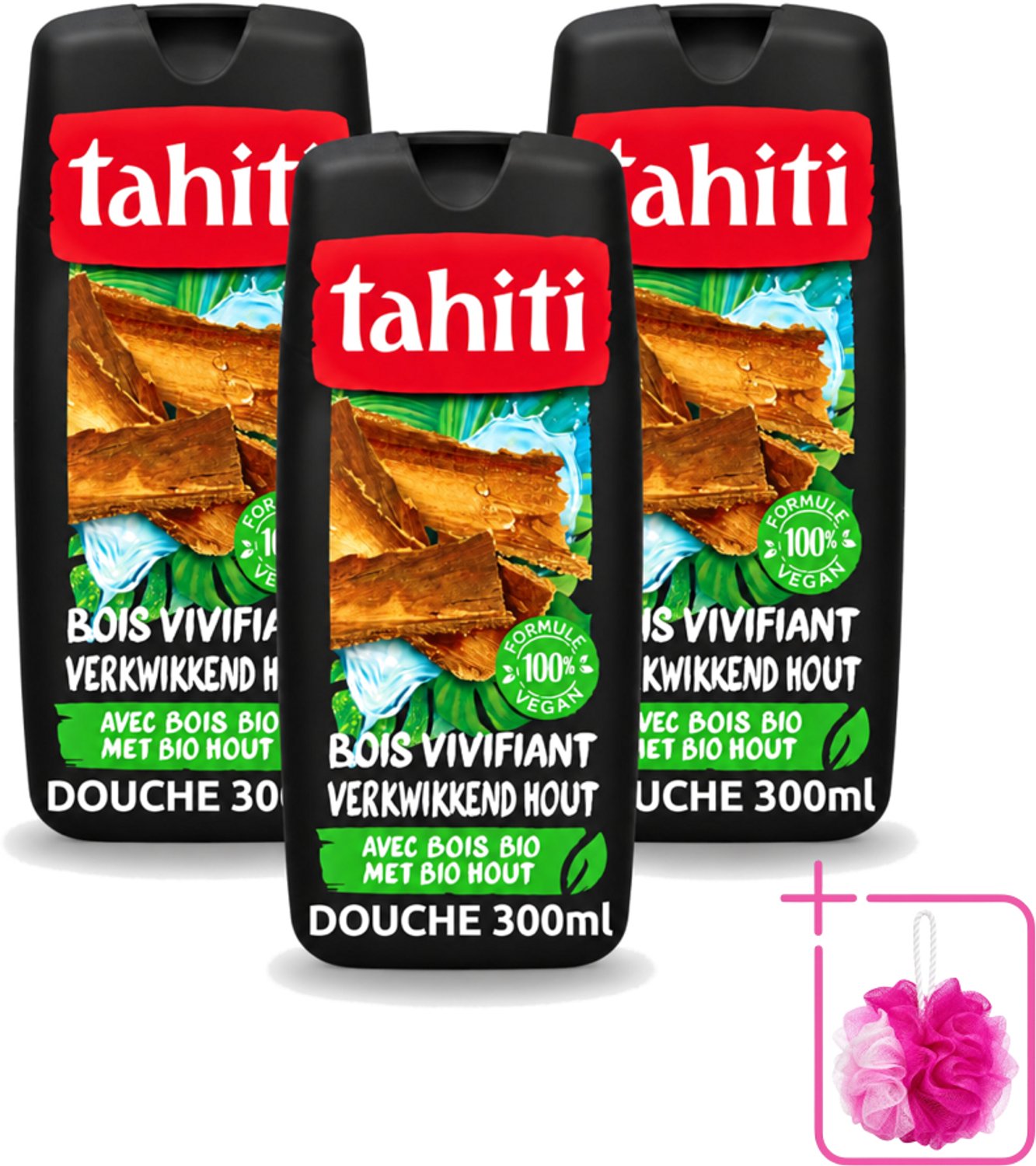 3 x Tahiti - Douchegel - Verkwikkend Bio Hout - 100% Vegan - 300 ml - Bulkverpakking - Douchegel - Douchemop - Houtgeur