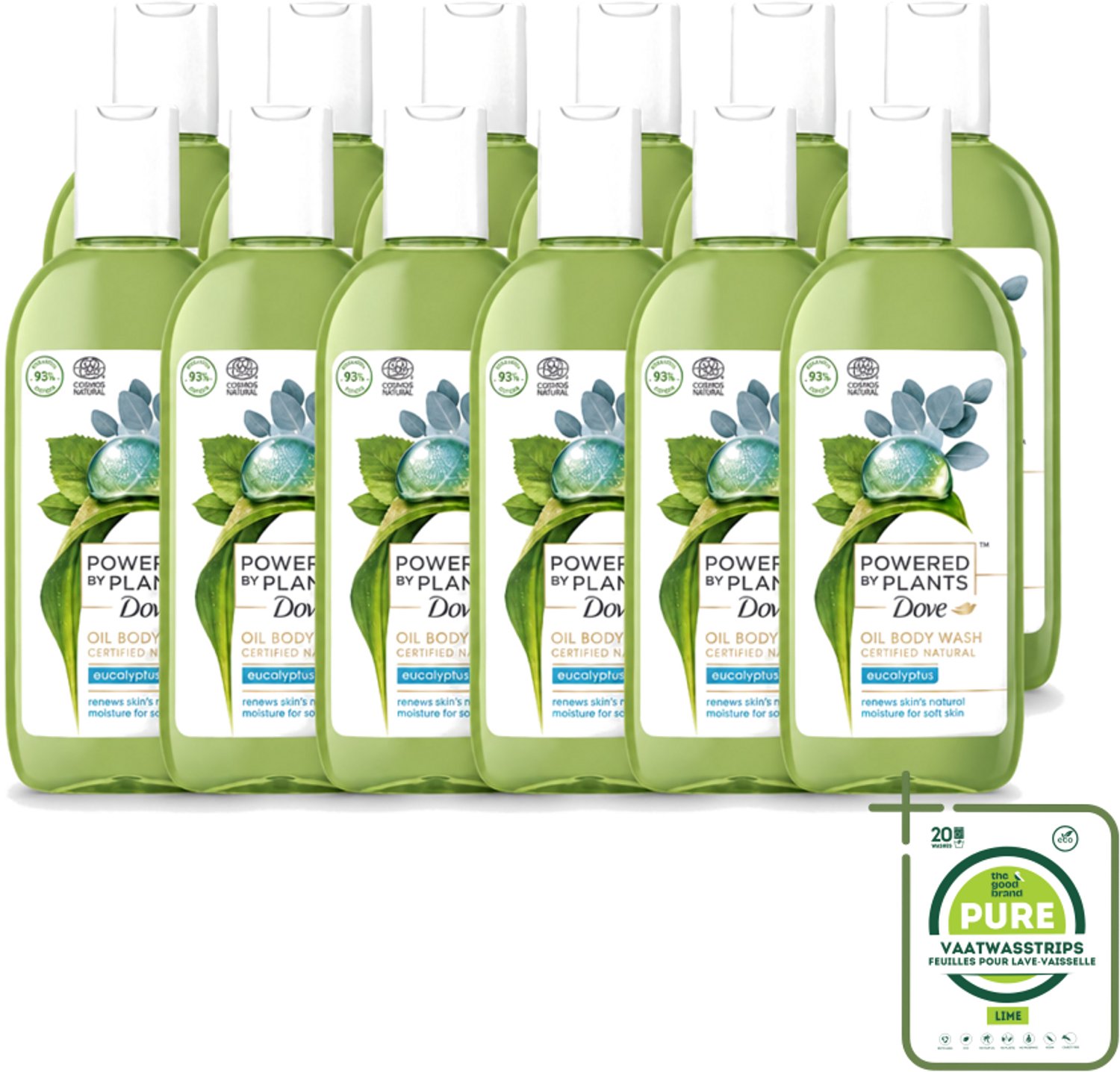 12 x Dove Powered by Plants - Oil Body Wash - Eucalyptus - 250 ml - Grootverpakking - Vaatwasstrips - Natuurlijke Verzorging - Eucalyptus - Olie - Lichaamsschoonmaak - Hydraterende Douche