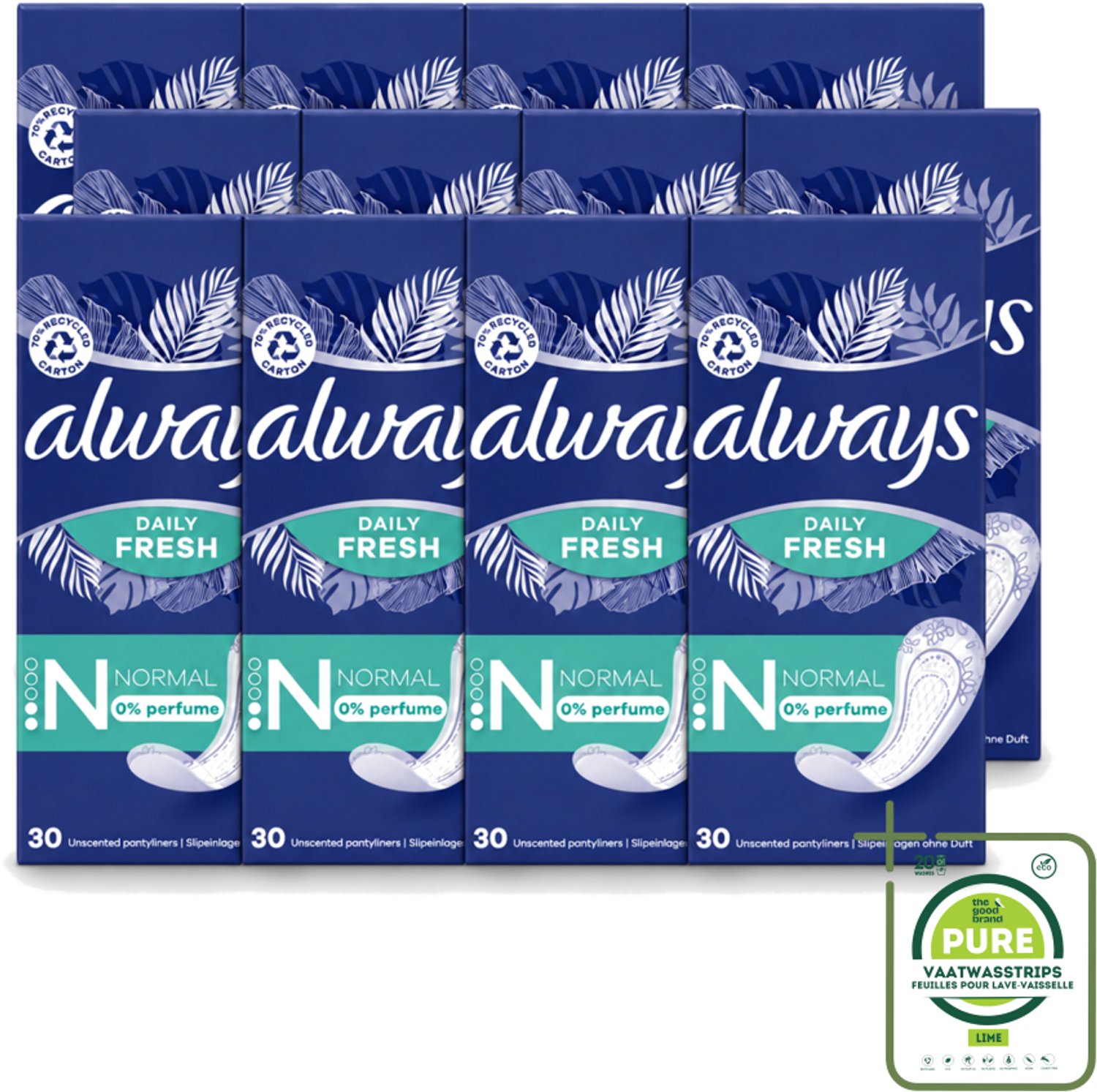 12 x Always Daily Fresh - Inlegkruisjes - Normaal - Ongeparfumeerd - 30 Inlegkruisjes - Grootverpakking - Inlegkruisjes - Geurneutralisatie - Actipearls - Dermatologisch Getest - Droog Gevoel