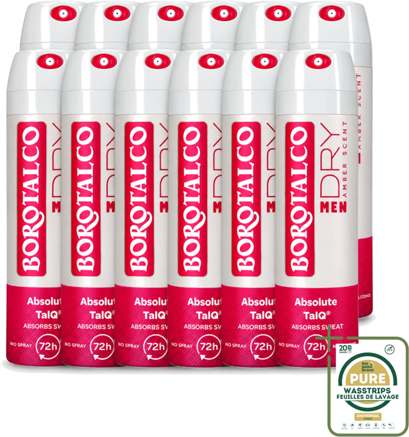 12 x Borotalco – Deodorant Spray – Men Amber Geur – 150 ml - Wasstrips - Deodorant Spray - Mannelijke Geur - Amber - Frisheid - Transpiratie