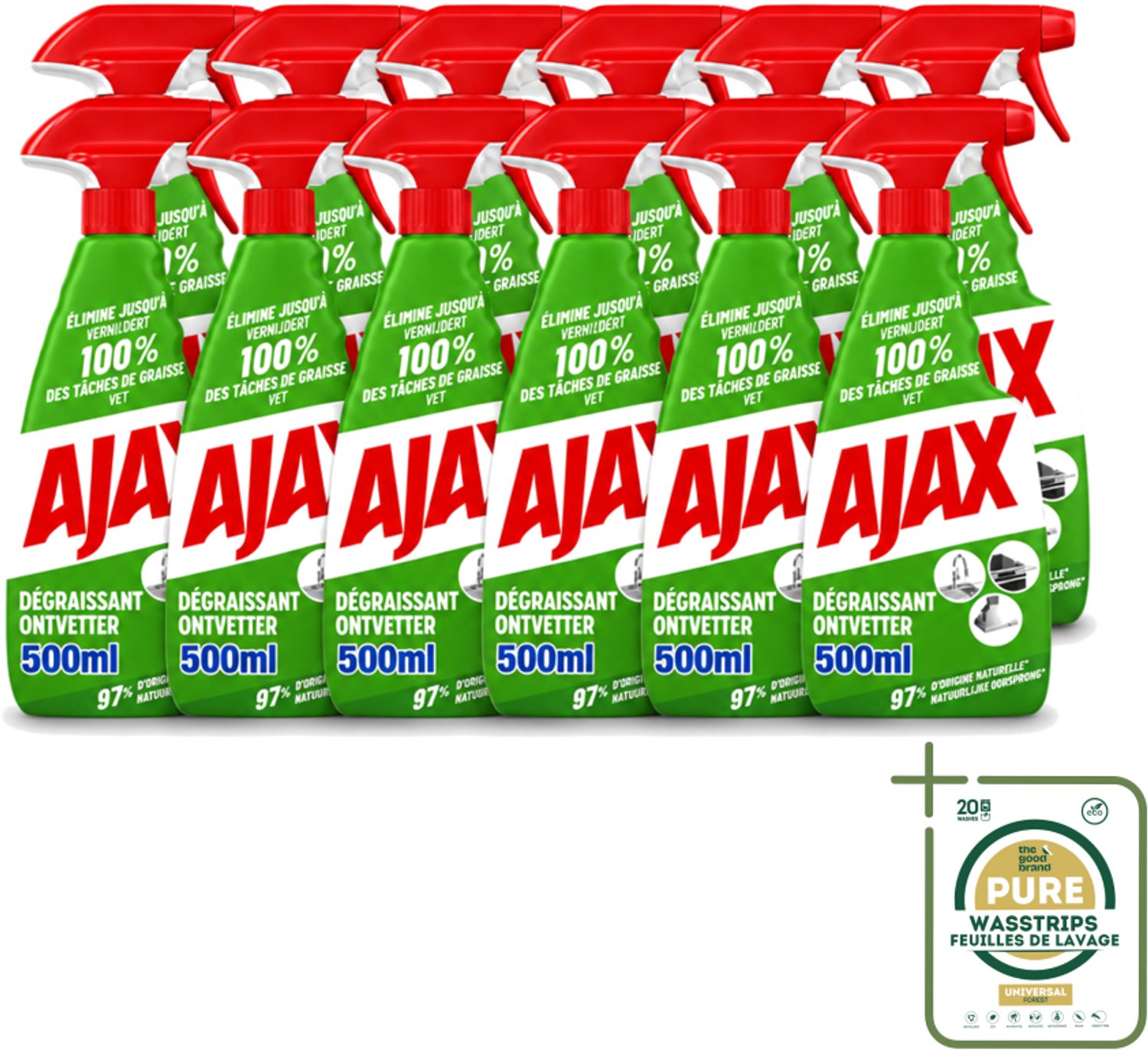 12 x Ajax – Ontvetter Spray – 500 ml - Wasstrips - Ajax Ontvetter - Ontvetter Spray 500 Ml - Vet Verwijderen - Keukenreiniger - Krachtige Ontvetter