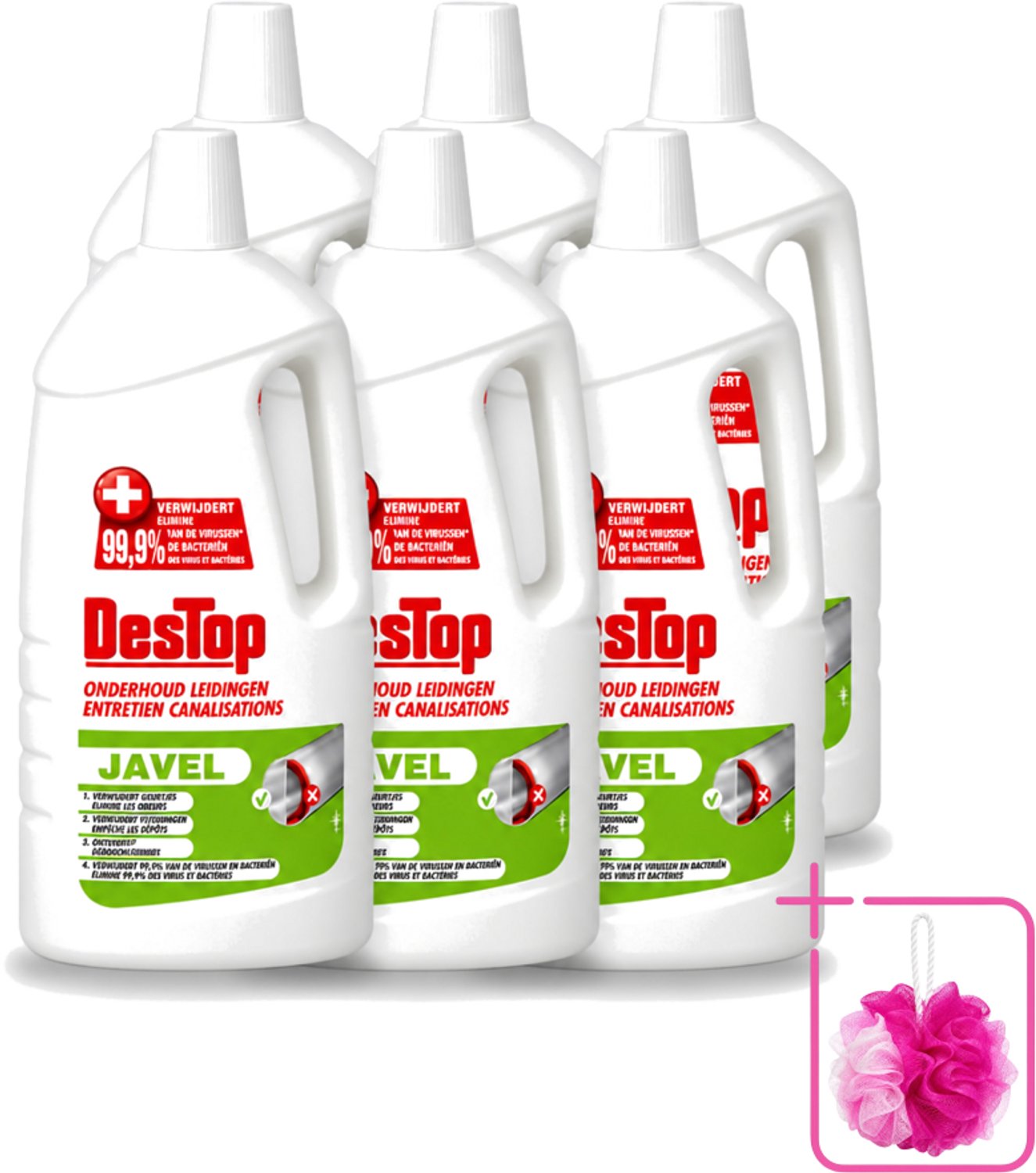 6 x DesTop - Onderhoud Leidingen - Javel - 4-in-1 Werking - Citroengeur - 1,5L - Bulkverpakking - Leidingen reinigen - Douchemop - Leidingen onderhouden