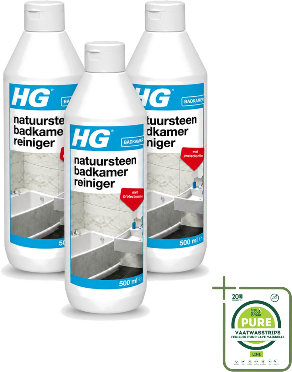3 x HG - Natuursteen Badkamerreiniger - Beschermt & Reinigt - 500 ml - Grootverpakking - Vaatwasstrips - Badkamerreiniger - Natuursteen Reinigen - Marmer Reinigen - Kalkaanslag Verwijderen - Badkamer Reinigen