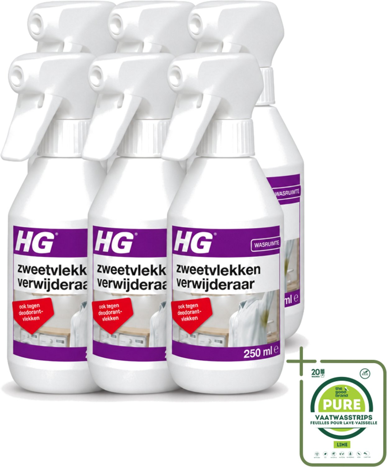 6 x HG - Wasruimte - Zweetvlekkenverwijderaar - Tegen Deodorantvlekken - 250 ml - Grootverpakking - Vaatwasstrips - Zweetvlekken Verwijderen - Gele Vlekken Verwijderen - Deodorantvlekken Verwijderen - Textiel Reinigen - Wasmiddel Voor Vlekken
